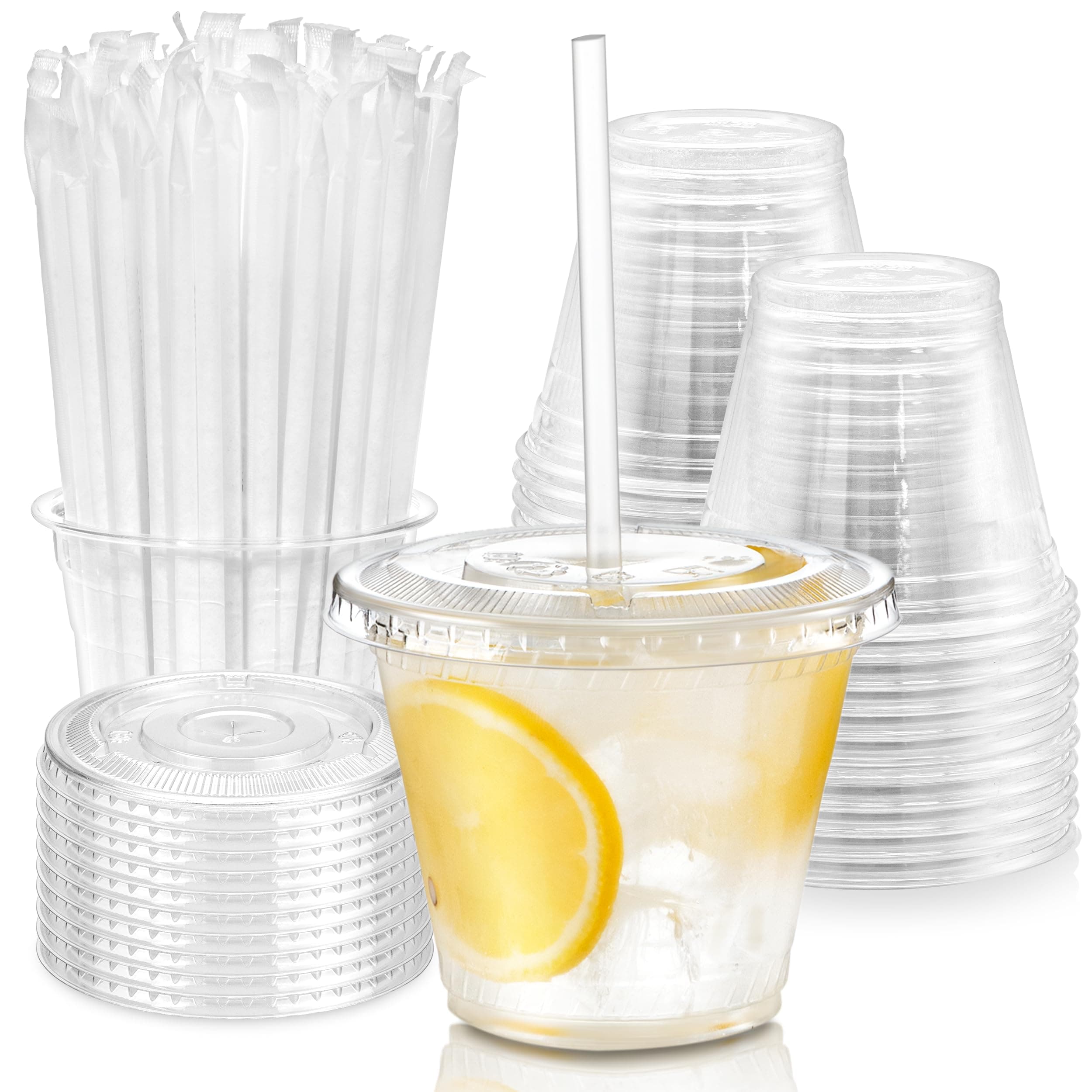 Fit Meal Prep 600 Pack 9 oz Plastic Iced Coffee Cups with Flat Lids and Clear Straws, Disposable Clear Cup, BPA Free Cup for Party, Smoothie, Cold Drinks, Juice, Milkshake, Bubble Boba, Tea
