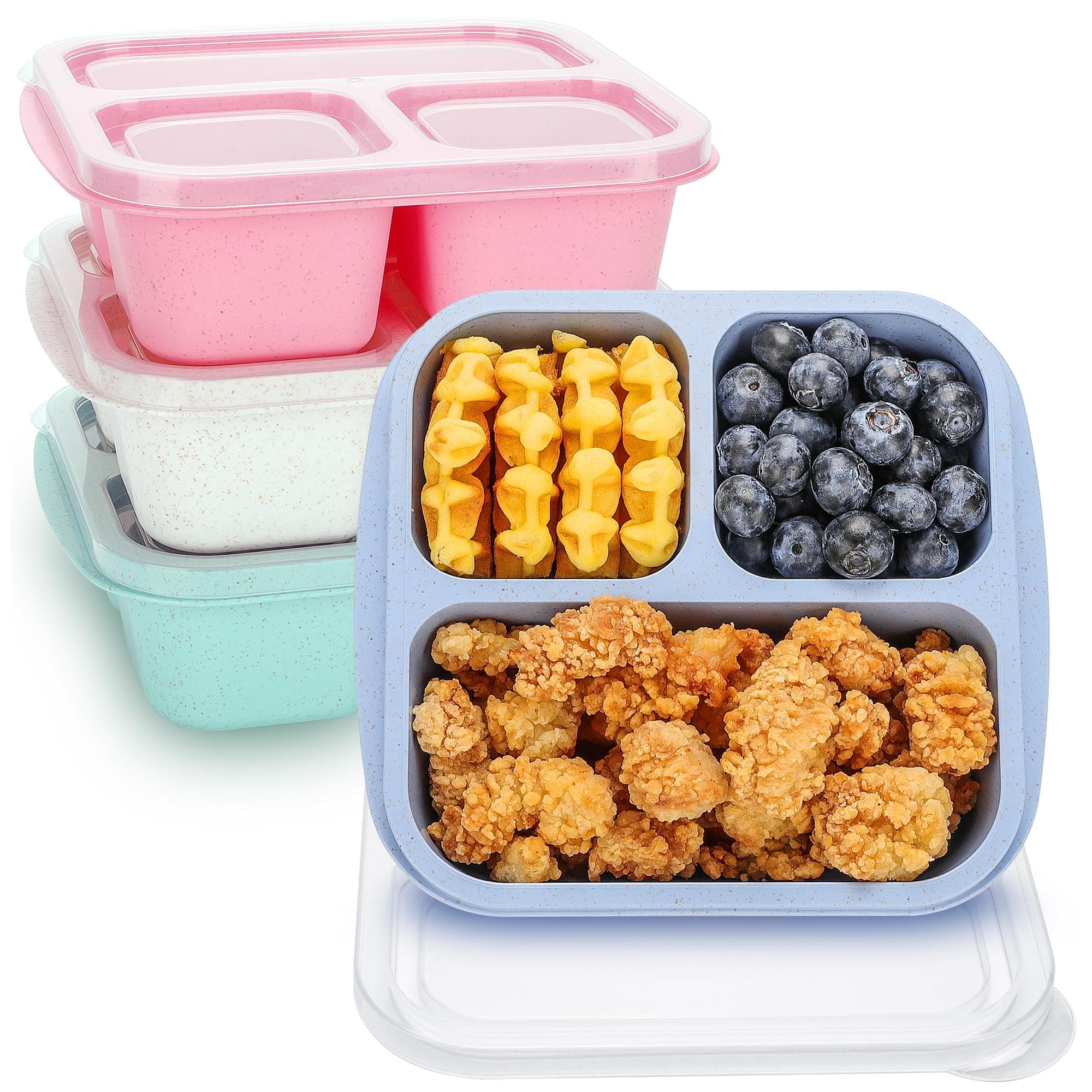 TOUWMX Bento Snack Boxes 4 Pack, 3 - Compartment Meal Prep Container for Kids, Reusable Food Storage Snack Containers, Stackable for School, Work, and Travel