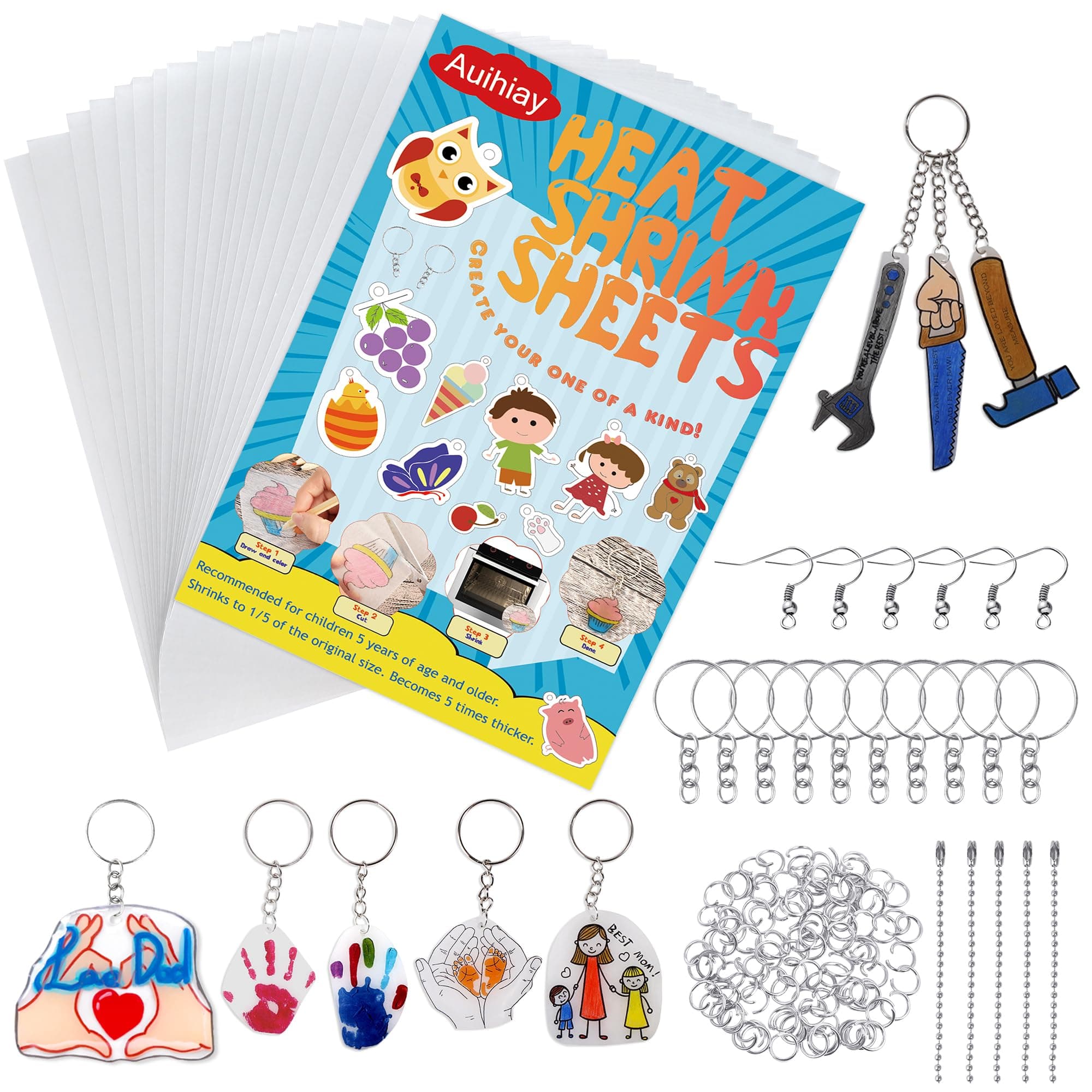 Auihiay 145 Pieces Heat Shrink Plastic Sheet Kit Shrinky Dinks Include 20 PCS Shrink Film Papers with 125 PCS Keychains Accessories for Kids Creative Craft