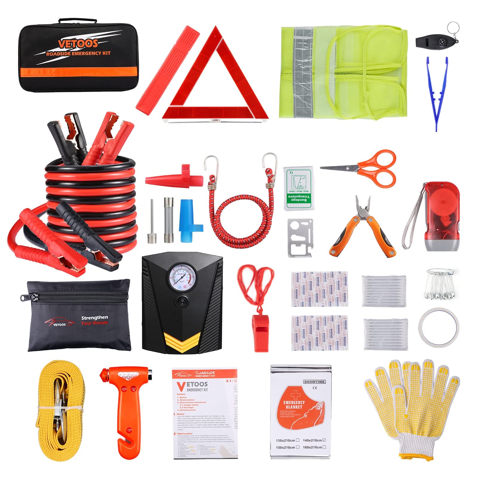 Vetoos Car Roadside Emergency Kit with Jumper Cables, Auto Vehicle Safety Road Side Assistance Kits, Winter Car Kit for Women and Men, with Portable Air Compressor, Tow Rope, Multitool Plier