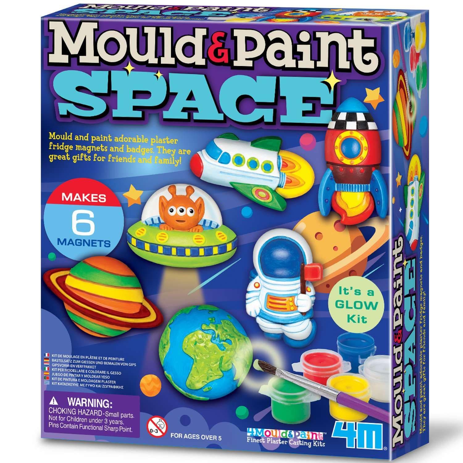 4M Mould & Paint Space Kit | Creative Glow in the Dark Craft Set with Plaster, Paints & Brush for Kids Age 5+ | DIY Moulding Activity to Make 6 Magnets or Badges | Fun Art Gift for Children