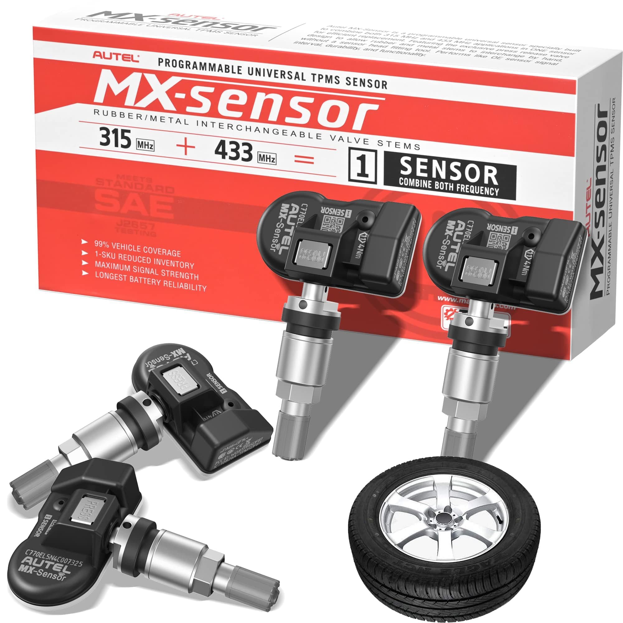 Autel mx-sensor 2 in 1(315mhz+433 mhz) sensor programmable tpms sensor -oe level tire pressure monitoring system (press-in)(metal valves,pack of 4 sensor)
