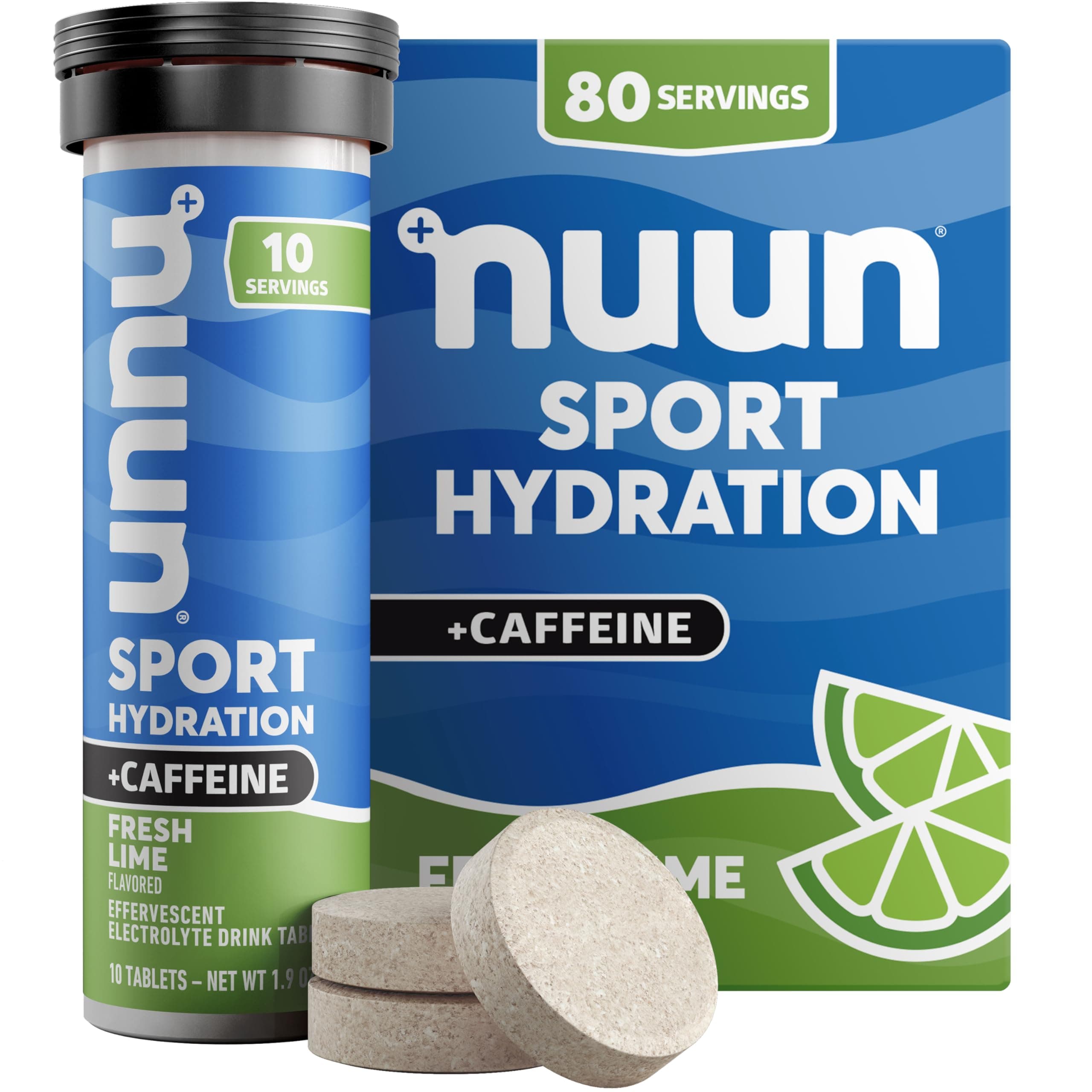 Hydration: Electrolyte + Caffeine Drink Tablets, Fresh Lime, Box of 8 Tubes (80 servings), Performance Formula with A Kick