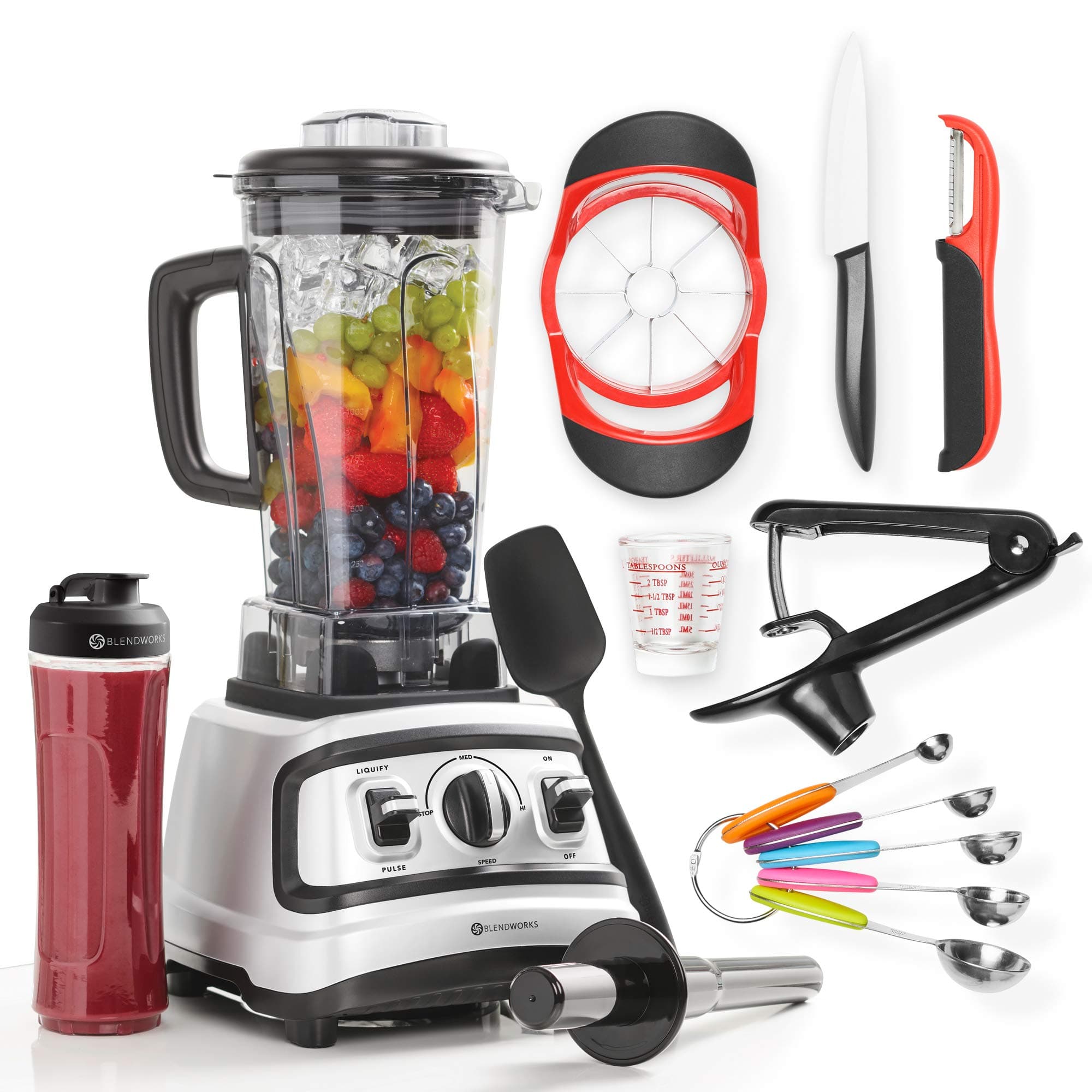 All-In-One High Speed Blender Set, Industrial Strength (Includes: 70oz Container, Tamper, Spatula, Measuring Lid, 20oz to-go Smoothie Cup), Silver/Black, Professional, 1500 Watts, 2.0 HP