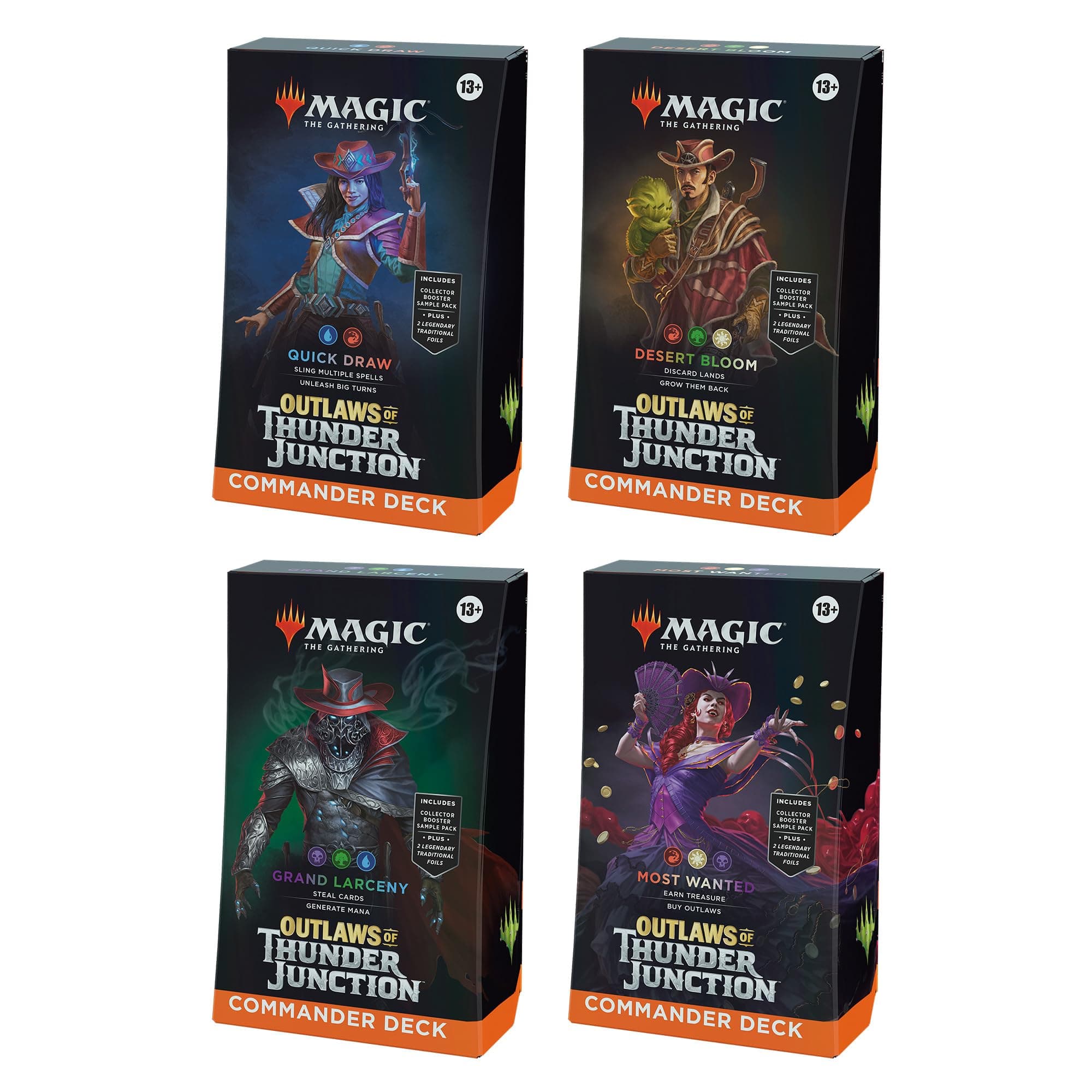 Magic The Gathering Outlaws of Thunder Junction Commander Deck Bundle - Includes All 4 Decks (Quick Draw, Desert Bloom, Grand Larceny, and Most Wanted)