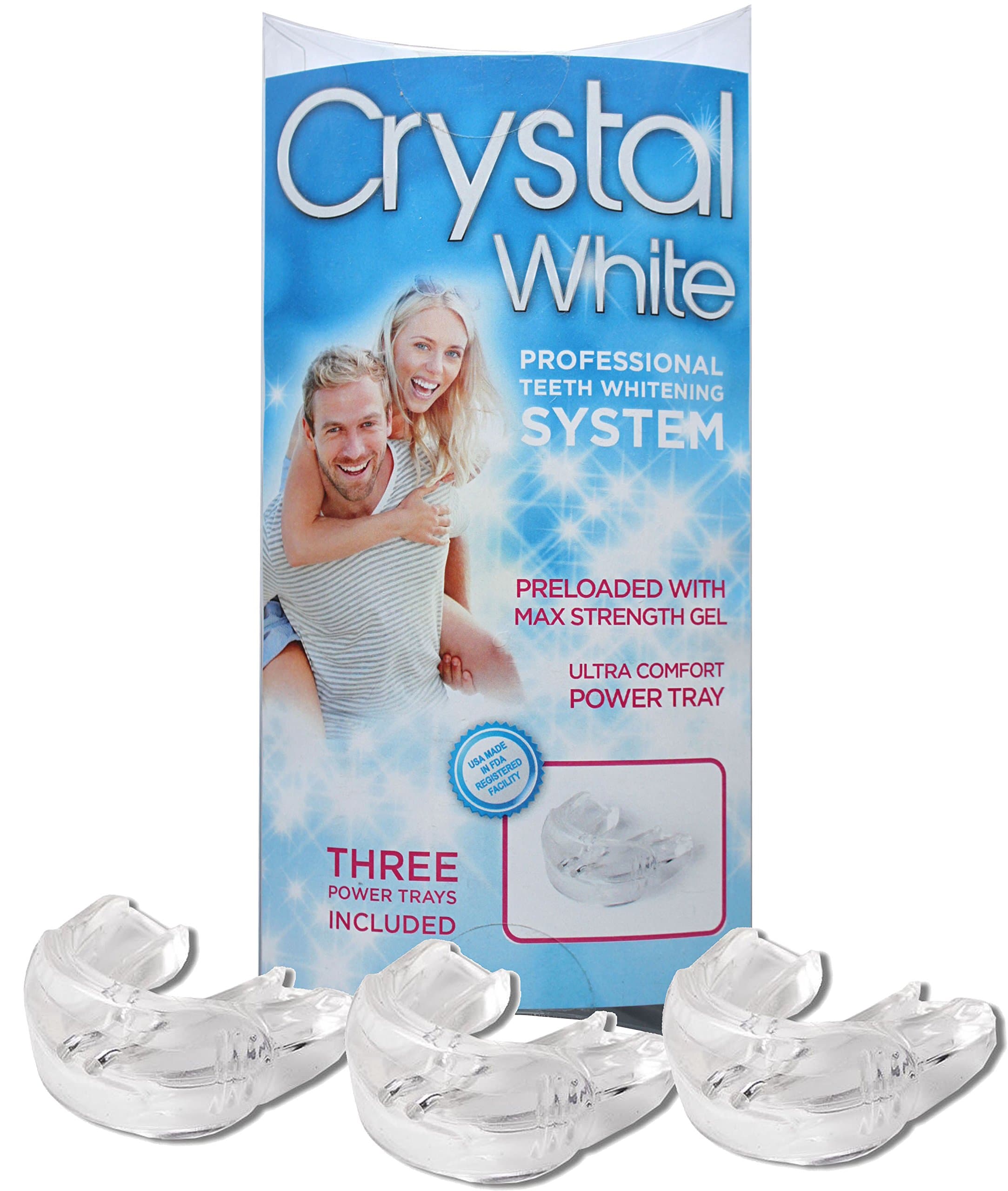 Pre-Loaded Crystal White Professional Teeth Whitening System. 3 Preloaded Trays- No Mess! 35% Carbamide Peroxide. Made in The USA. FDA Approved. Whiter Teeth and Smile Faster