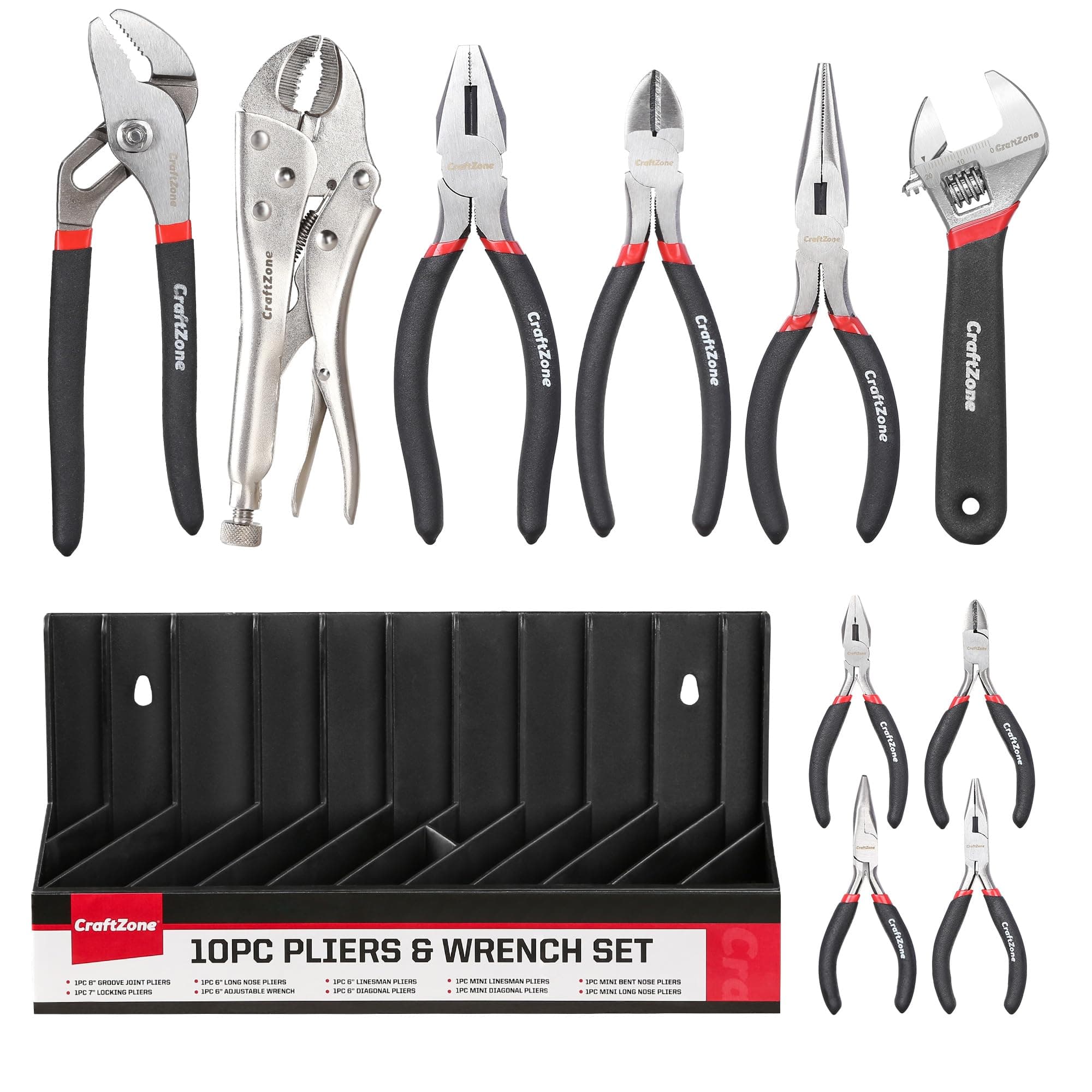10PC Pliers and Wrench Set with Storage Rack – Includes Locking | Long Nose | Diagonal Cutter | Groove Joint | Linesman & Mini Plier, Carbon Steel Tool Kit for DIY and Home a Gift for Man
