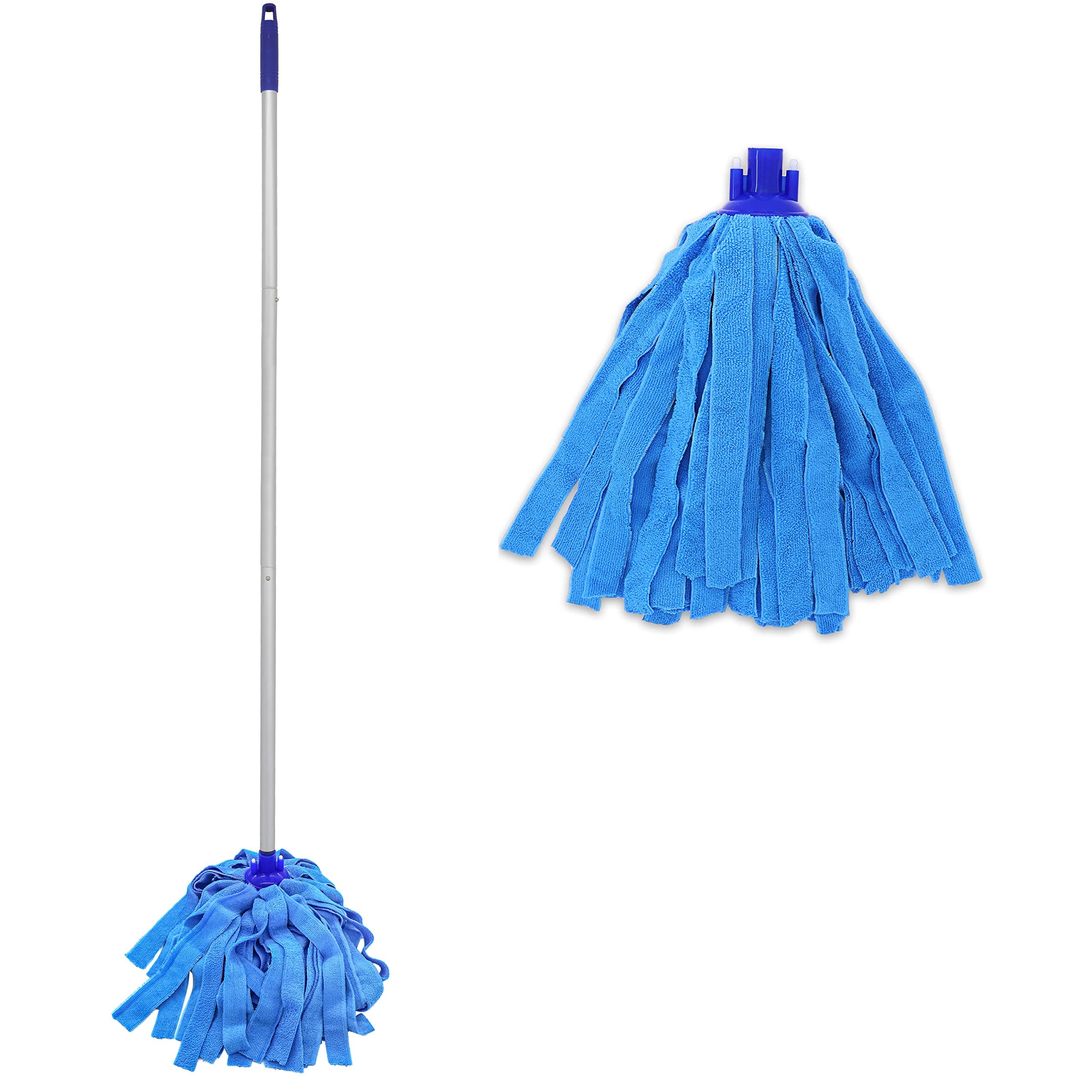 Mop, One Pole with Two Blue Microfiber Cloth Heads (1 Handle & 2 Mop Heads)
