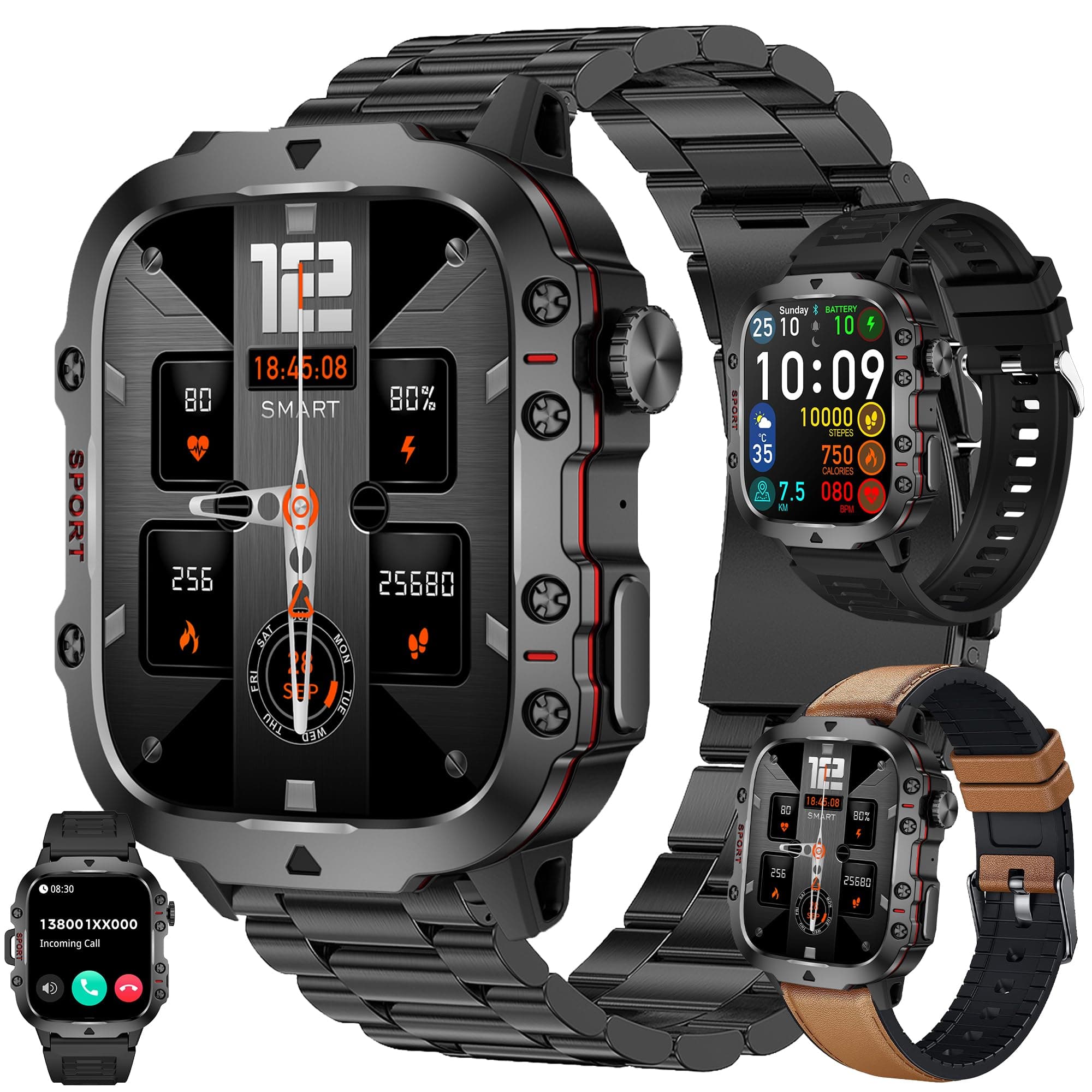 Smart Watches for Men(Answer/Make Call) , 1.96" HD Fitness Tracker Watch with Blood Pressure/Heart Rate Monitor, 3ATM Waterproof Fitness Watch for Men, Smart Watch for Android/iOS Phones (Brown)