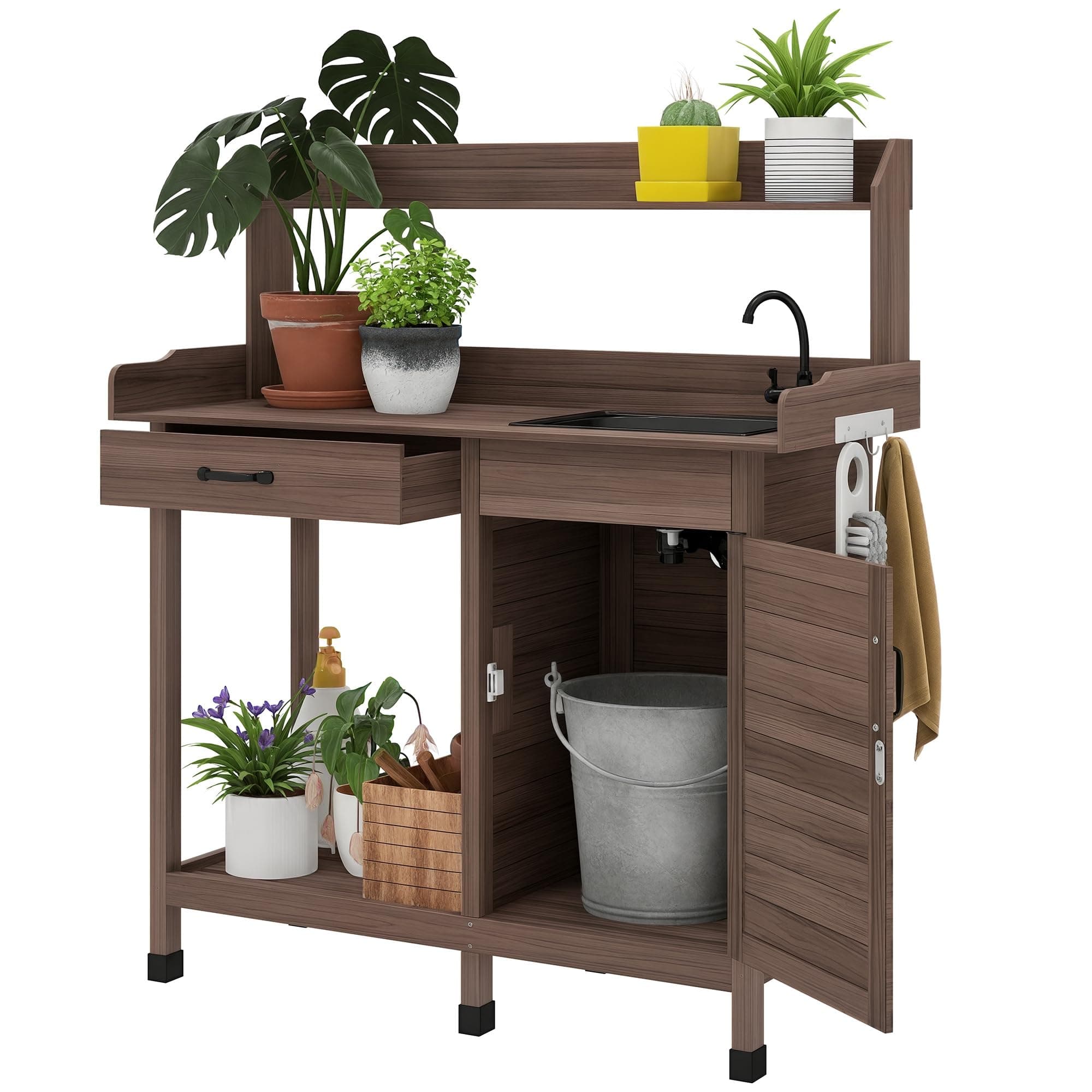 Outsunny Potting Bench Table with Sink, Outdoor Work Bench Table with Storage Cabinet, Hooks, Removable Sink, Faucet and Drawer for Greenhouse, Garden, Patio, Dark Brown