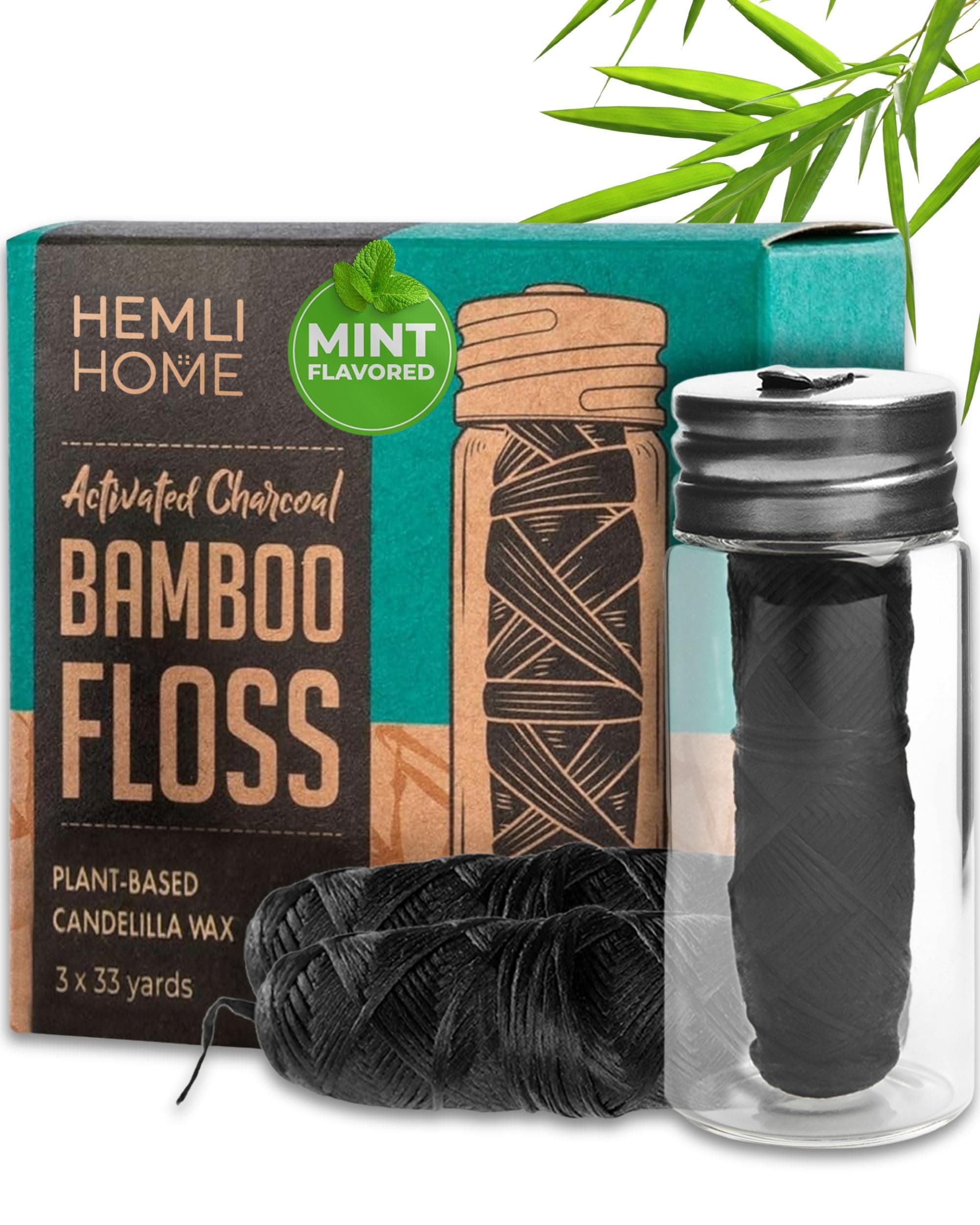 Bamboo Charcoal Floss - Reusable Container with Floss Refills - 33 yards - Plant-based Candelilla Wax Floss with Natural Mint Flavoring - Vegan Floss - 3x Floss Refills