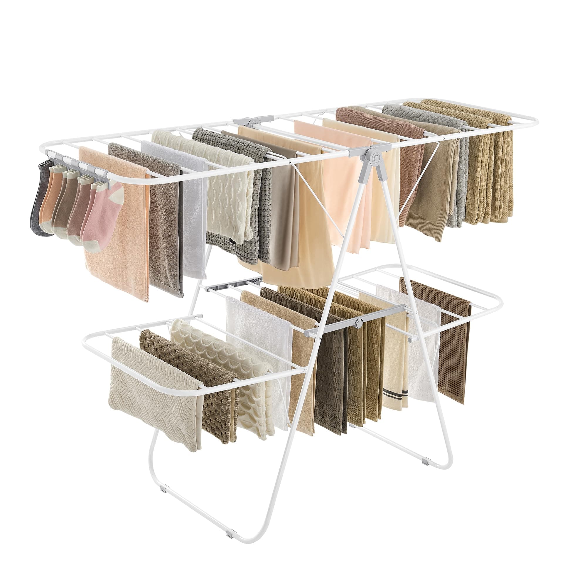 Clothes Drying Rack, Foldable 2-Level Laundry Drying Rack, Free-Standing Laundry Airer, with Height-Adjustable Wings, 33 Drying Rails, Sock Clips, White and Gray ULLR053G01V1