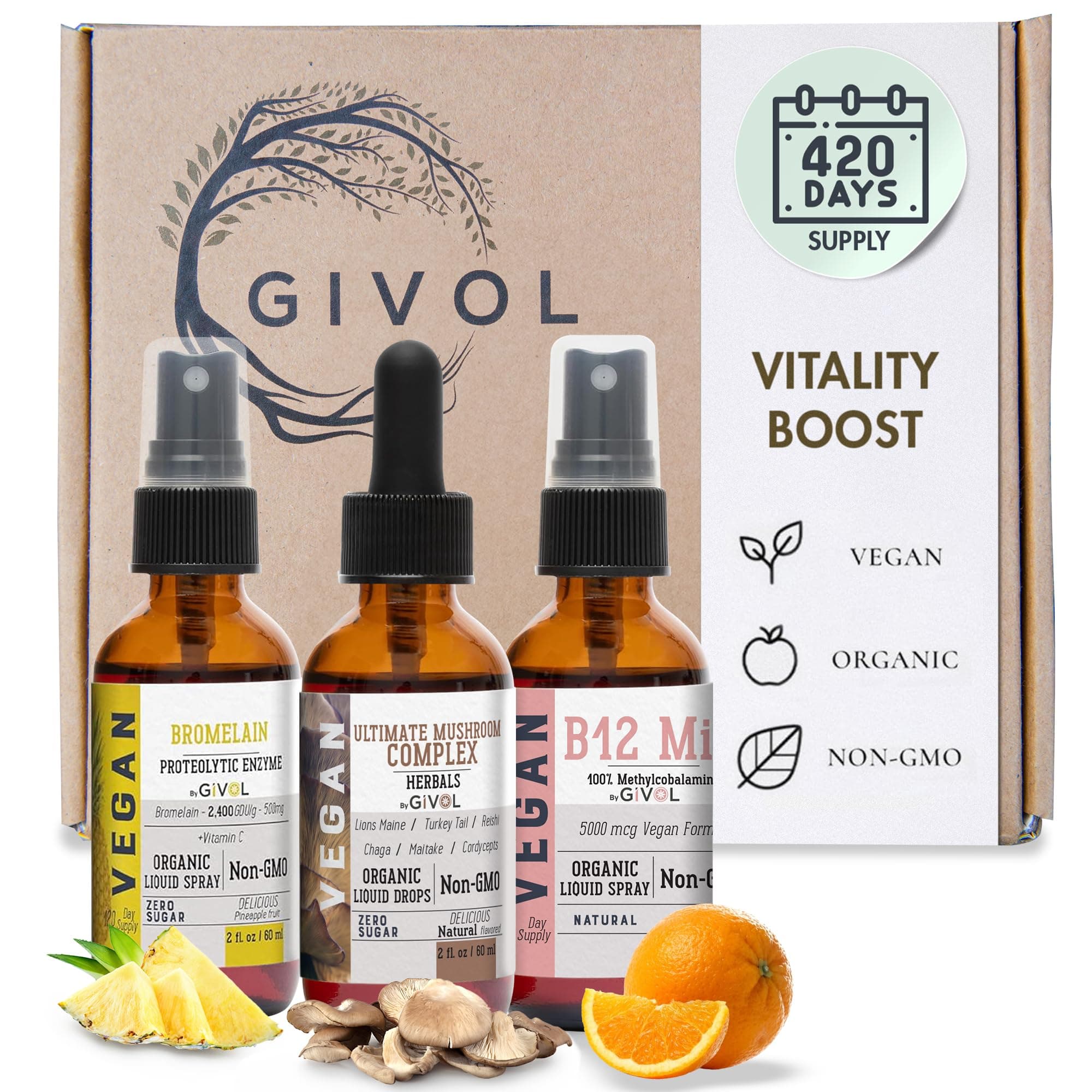 Vitality Essentials Bundle - Mushroom Complex Drops, B12 Mist & Bromelain Spray - Non-GMO, Gluten-Free, Sugar-Free, Easy Absorption, Multivitamins for Kids & Adults - 2 Fl Oz, 420 Day Supply