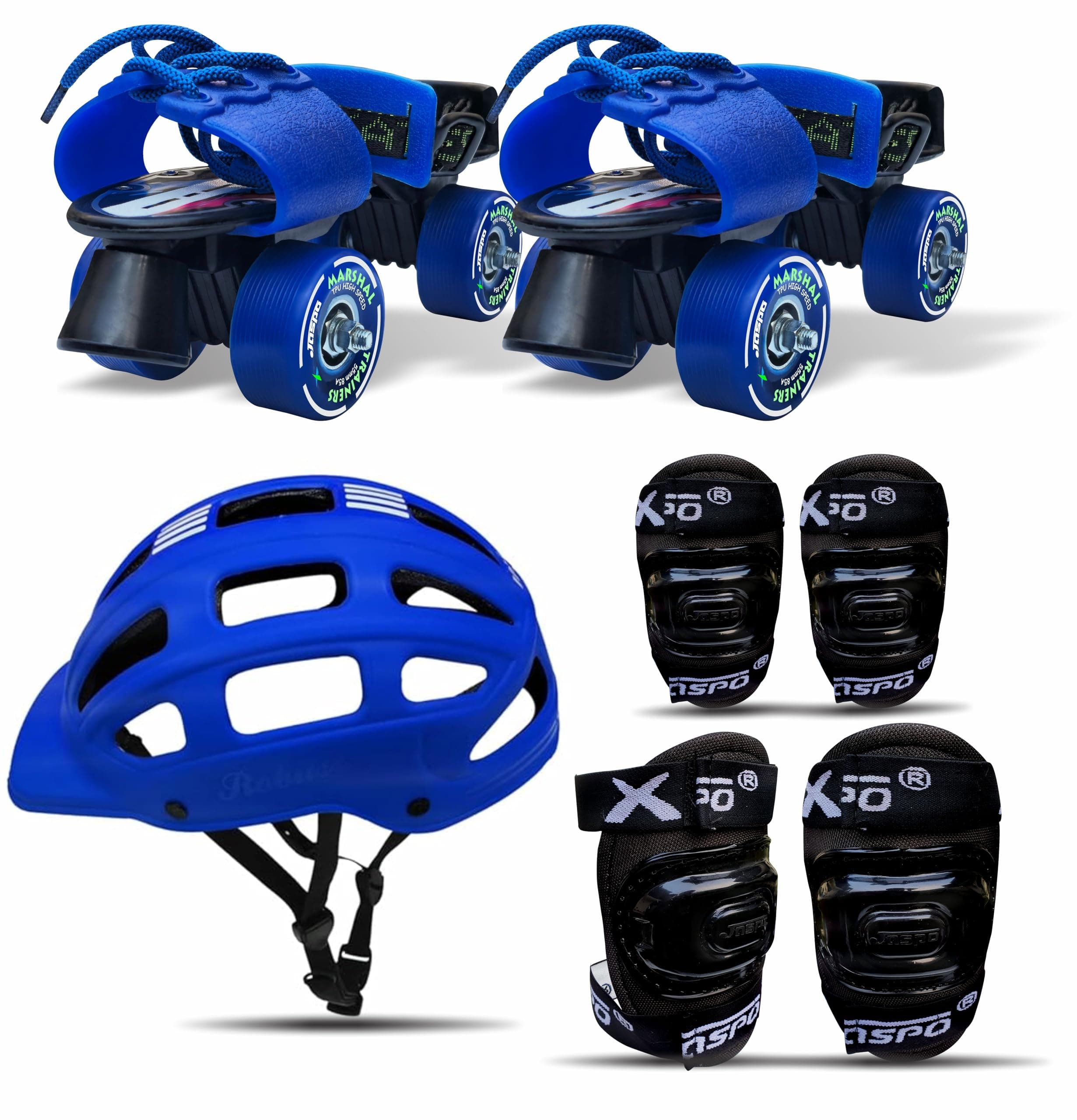 jaspo Unisex Marshal Trainers Adjustable Inline_Skate_Wheel Roller Skates Combo (Skates + Helmet + Knee Guards & Elbow Guards) - for Age Groups 6 to 14 Years | Academy & School Level Skating, Blue