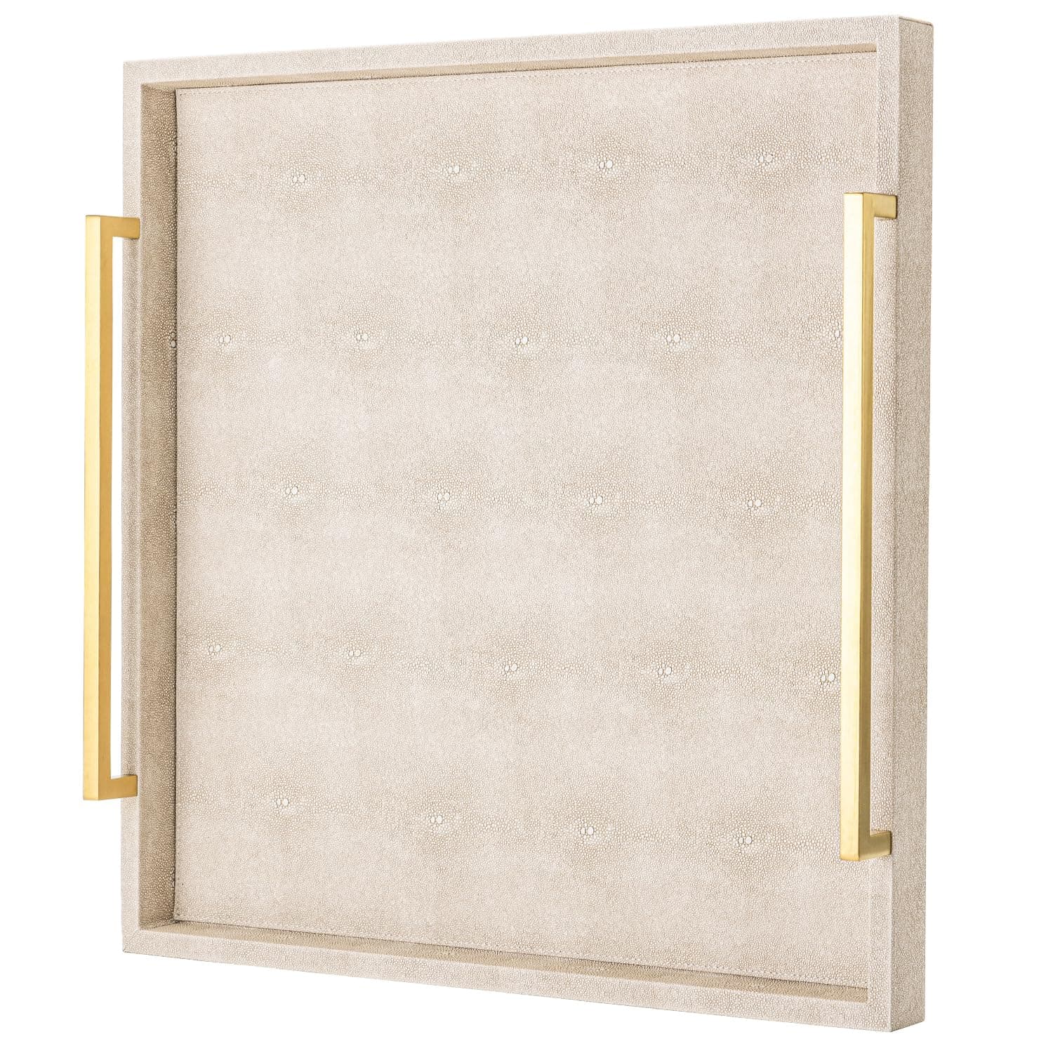 Large Ottoman Tray for Coffee Table, Square Shagreen Leather, Decorative Tray with Golden Handles for Living Room Decoration