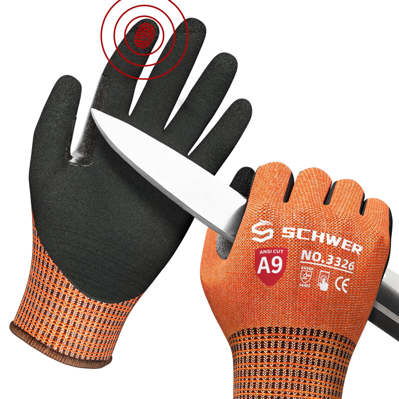 Schwer ProGuard Highest Level Cut Resistant Work Gloves PR3326 for Extreme Protection,ANSI A9 Cut Gloves with Reinforced Thumb, Non Slip, Breathable, Durable, Touch-screen, Non PFAS, Orange1 Pair(S)