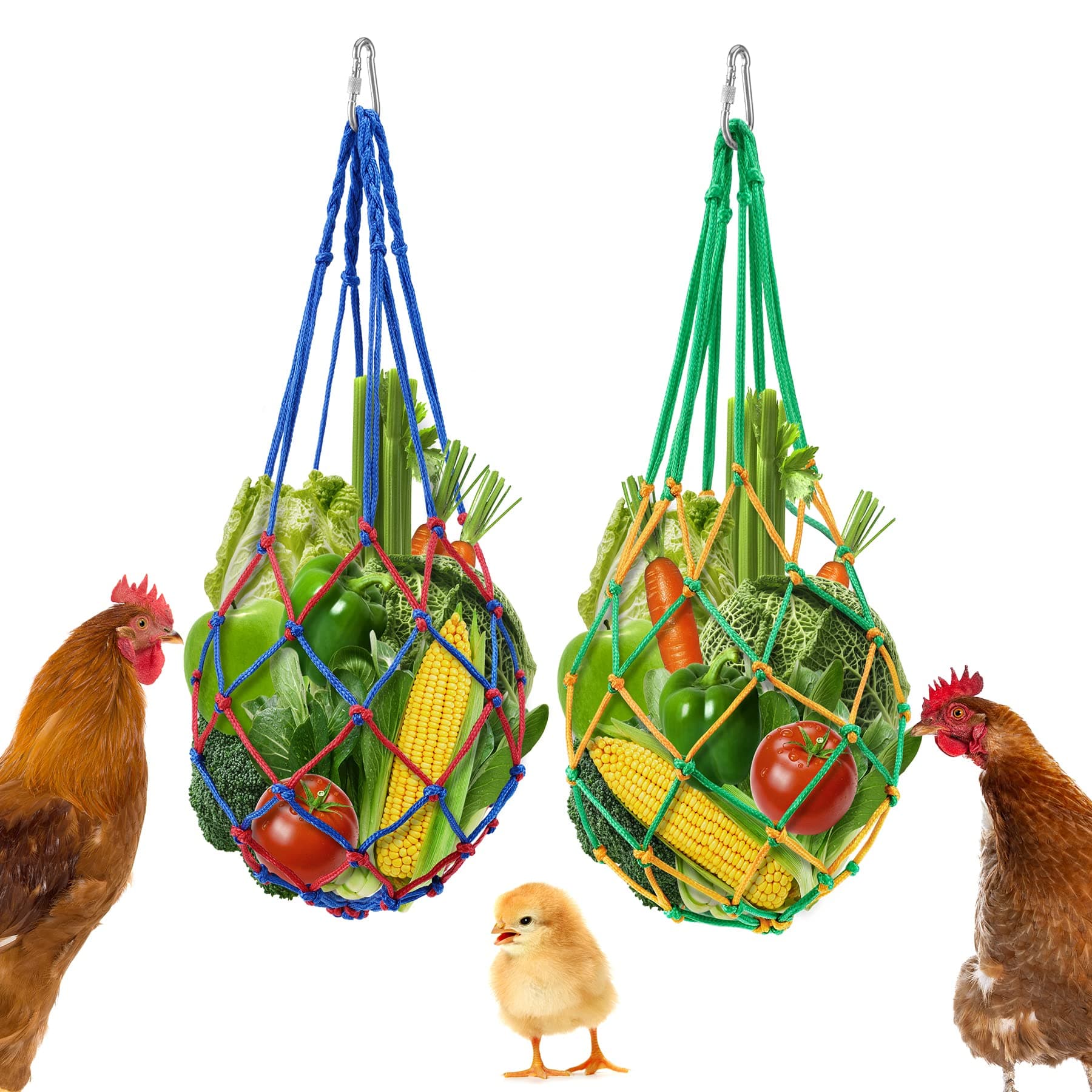 Hens Cabbage Feeder,Hanging Fruit Veggies Skewers Vegetable String Bag with Hook,Feeder Toys for Chickens Duck Large Birds Goose 2pcs