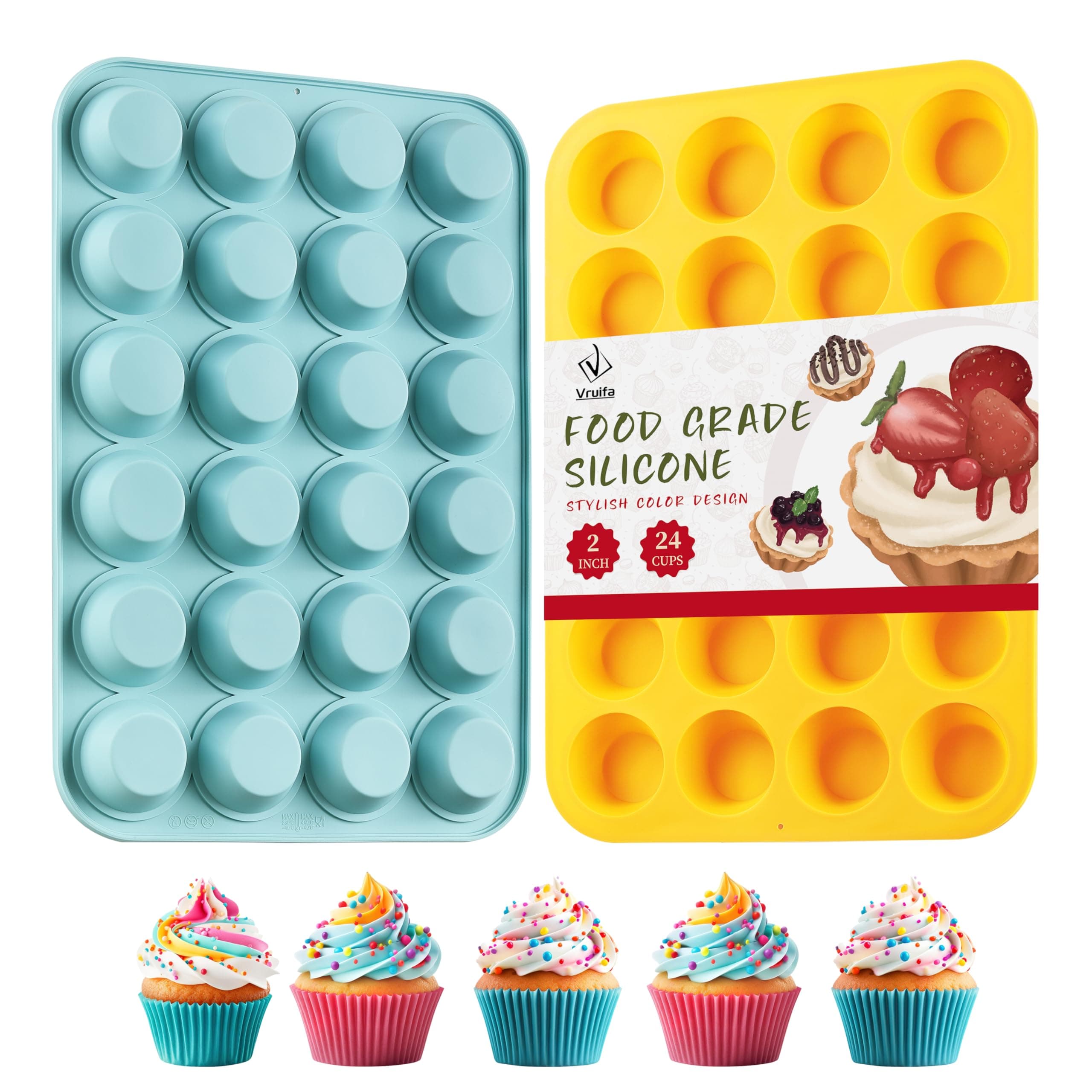2PCS Silicone Mini Muffin Pan, 24 Cups Nonstick Mini Cupcake Pan for Baking, BPA Free and Dishwasher Safe, Great for Making Muffin Cakes, Tart, Bread and Egg Bites
