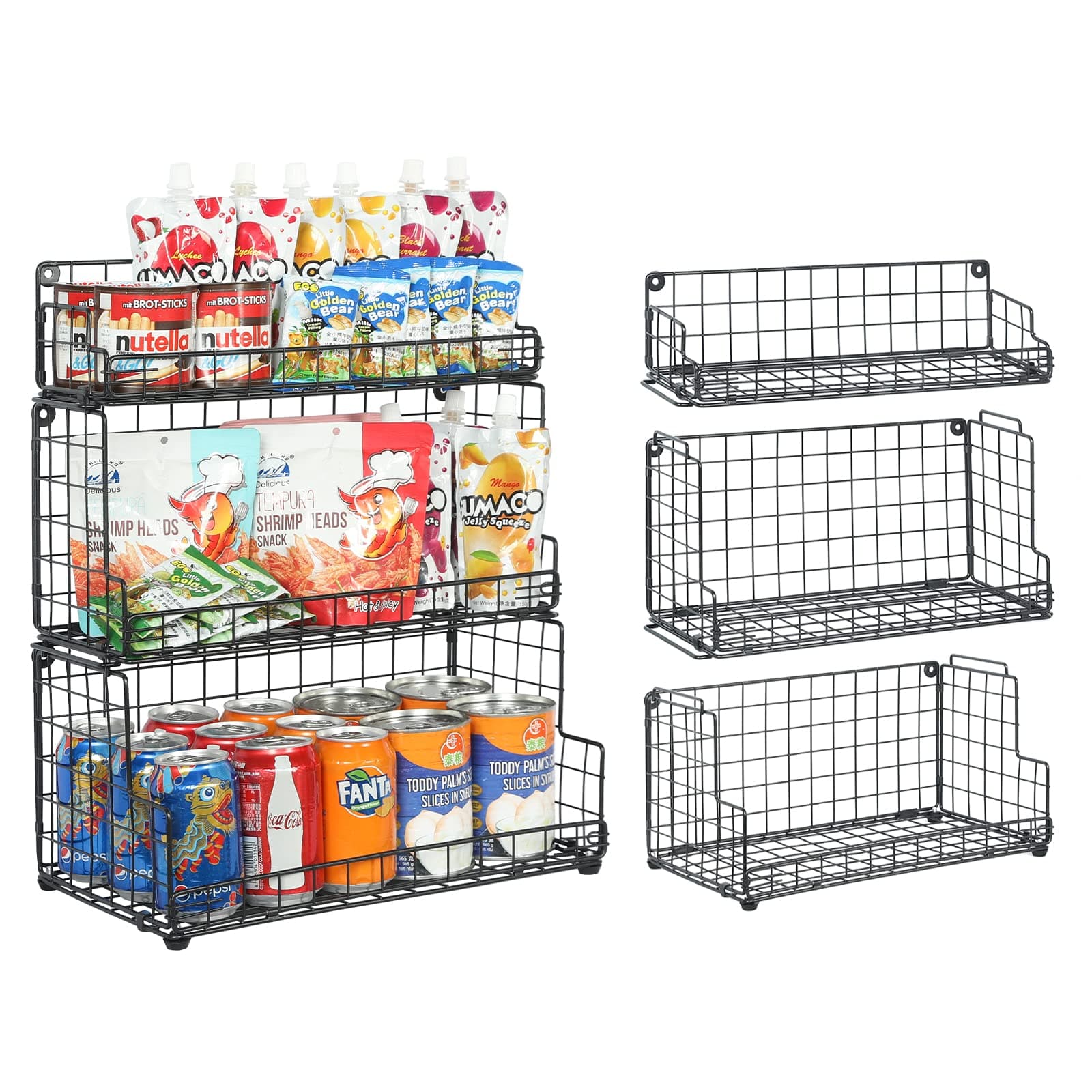 X-cosrack Stackable Wire Basket 3 Tier Countertop& Wall Mounted Metal Storage Basket for Kitchen Pantry Cabinet, Muti-functional Open Front Bin Organizer for Food Fruit Snack, Black
