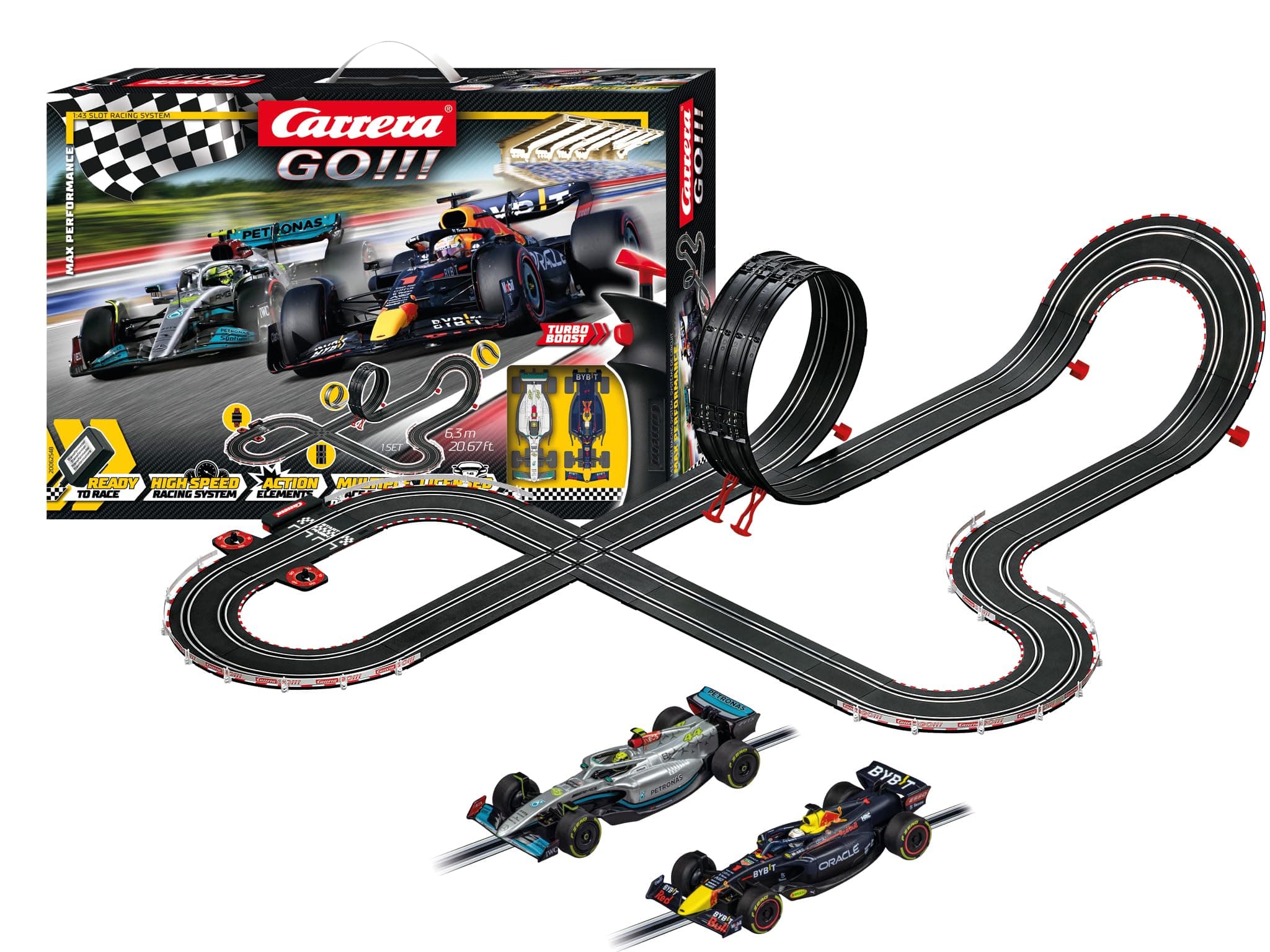 Go!!! Max Performance | Formula 1 Race Track Set | Max Verstappen vs Louis Hamilton | 2 Slot Cars Including 2 Hand Regulators with Turbo Button | Includes Looping, Crossing, Fly-Over and Lap