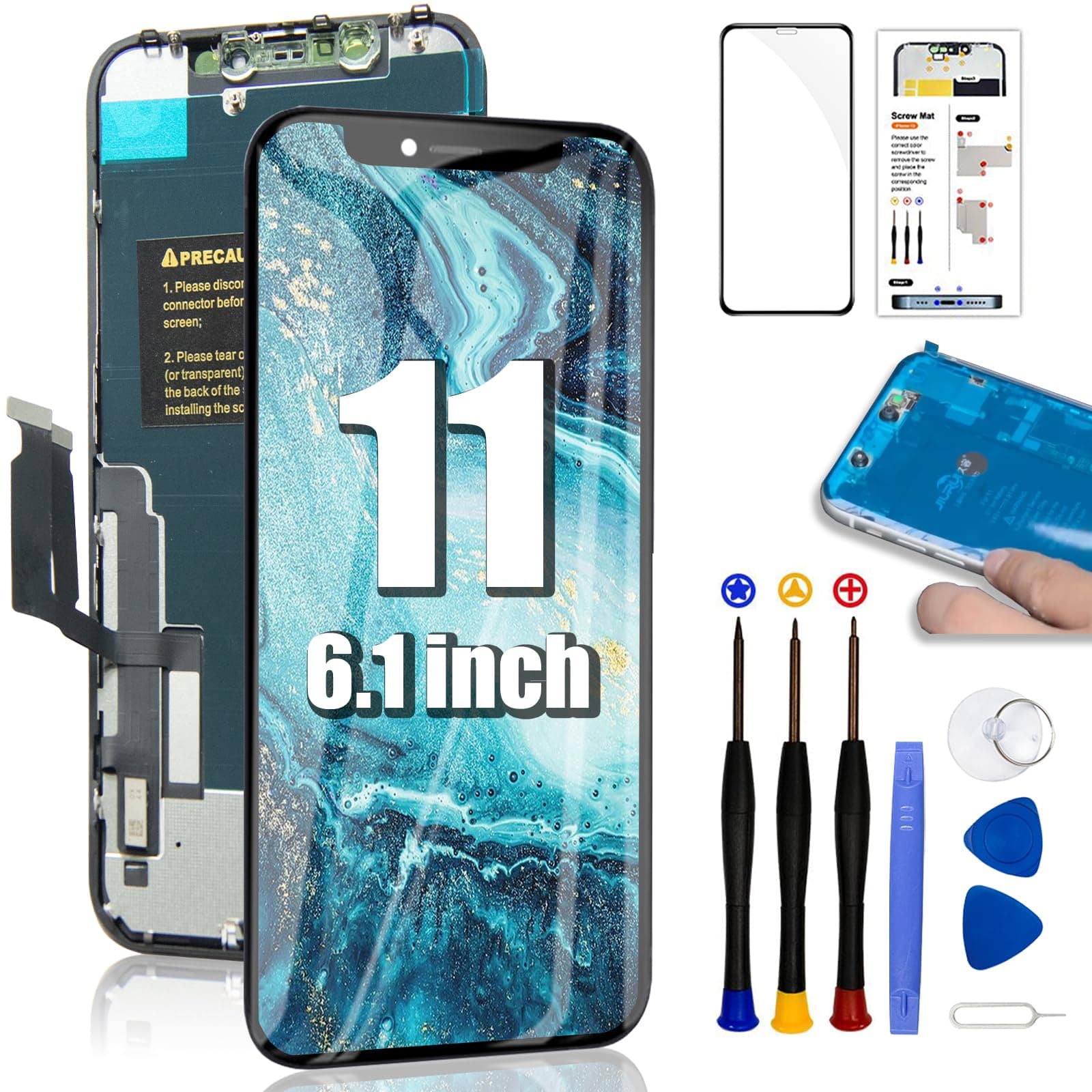 for iPhone 11 Screen Replacement 6.1”, 3D Touch Screen COF LCD Display Digitizer for A2111, A2223, A2221 with Repair Tools Kit + Waterproof Frame Adhesive Sticker