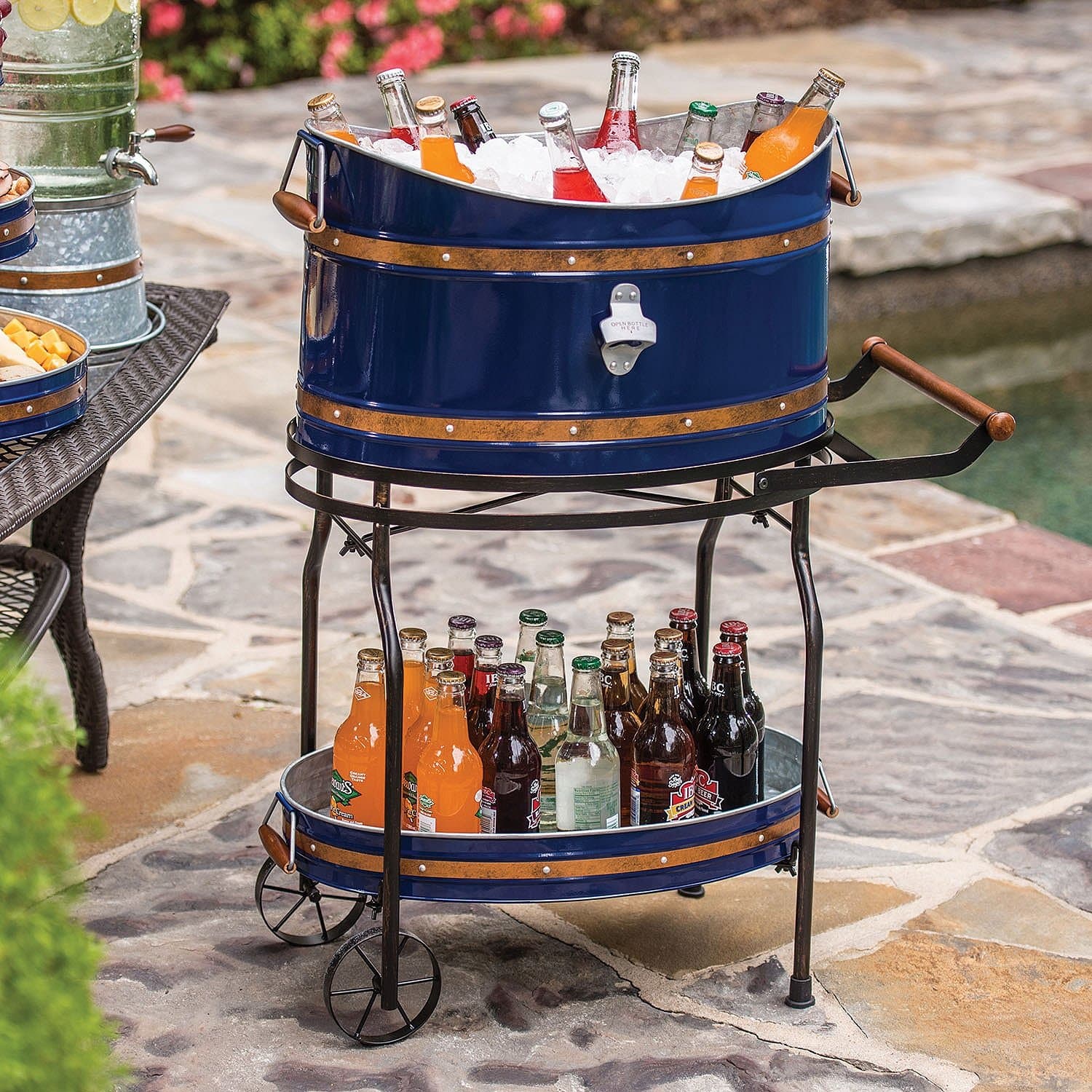 Copper Band Beverage Tub with Rolling Stand, Blue