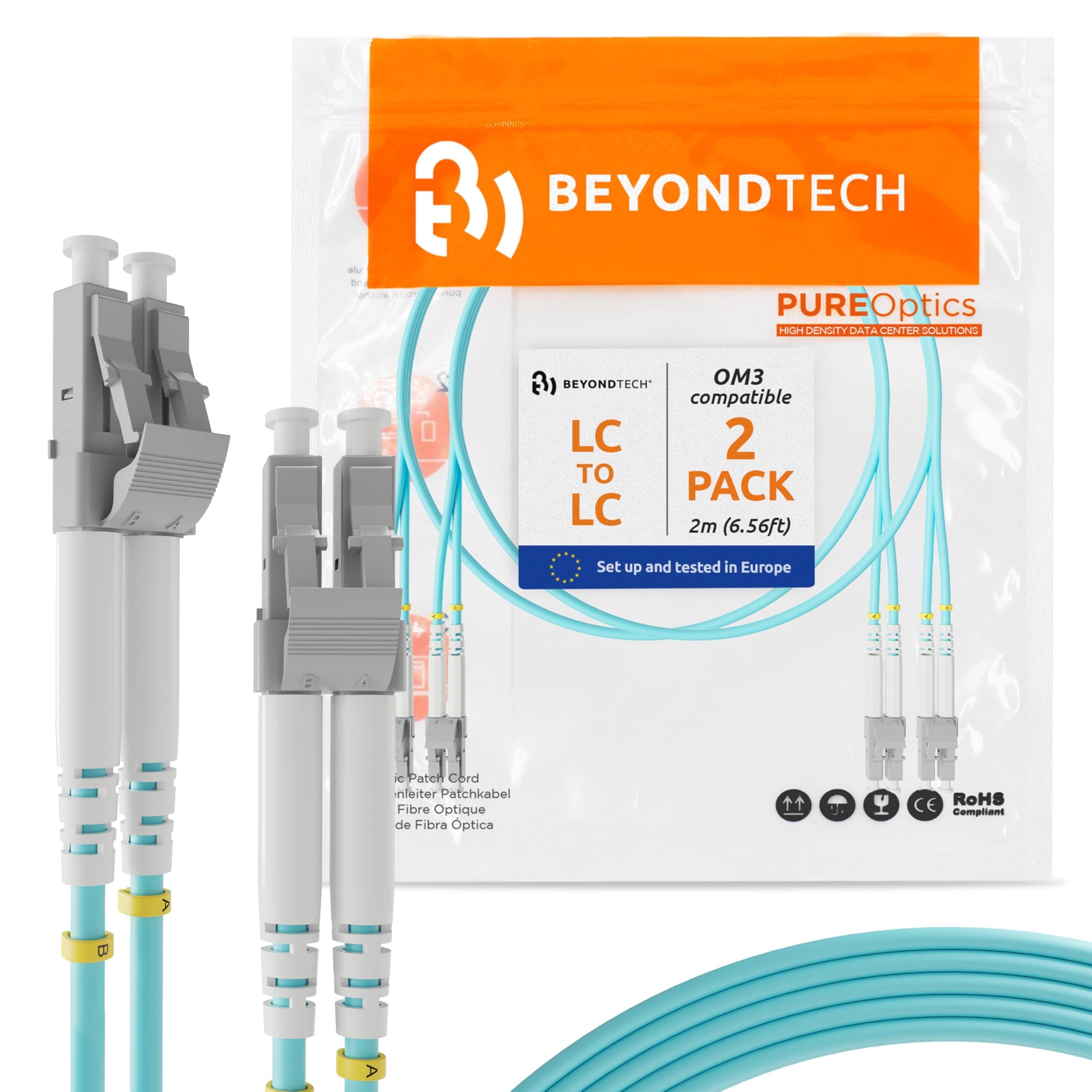 2m (6.56ft) LC to LC Fiber Patch Cable – (2-Pack) UPC Multimode Duplex Fiber Optic Cable – 50/125µm core, Compatible with OM3 – 10G LSZH PUREOptics Series