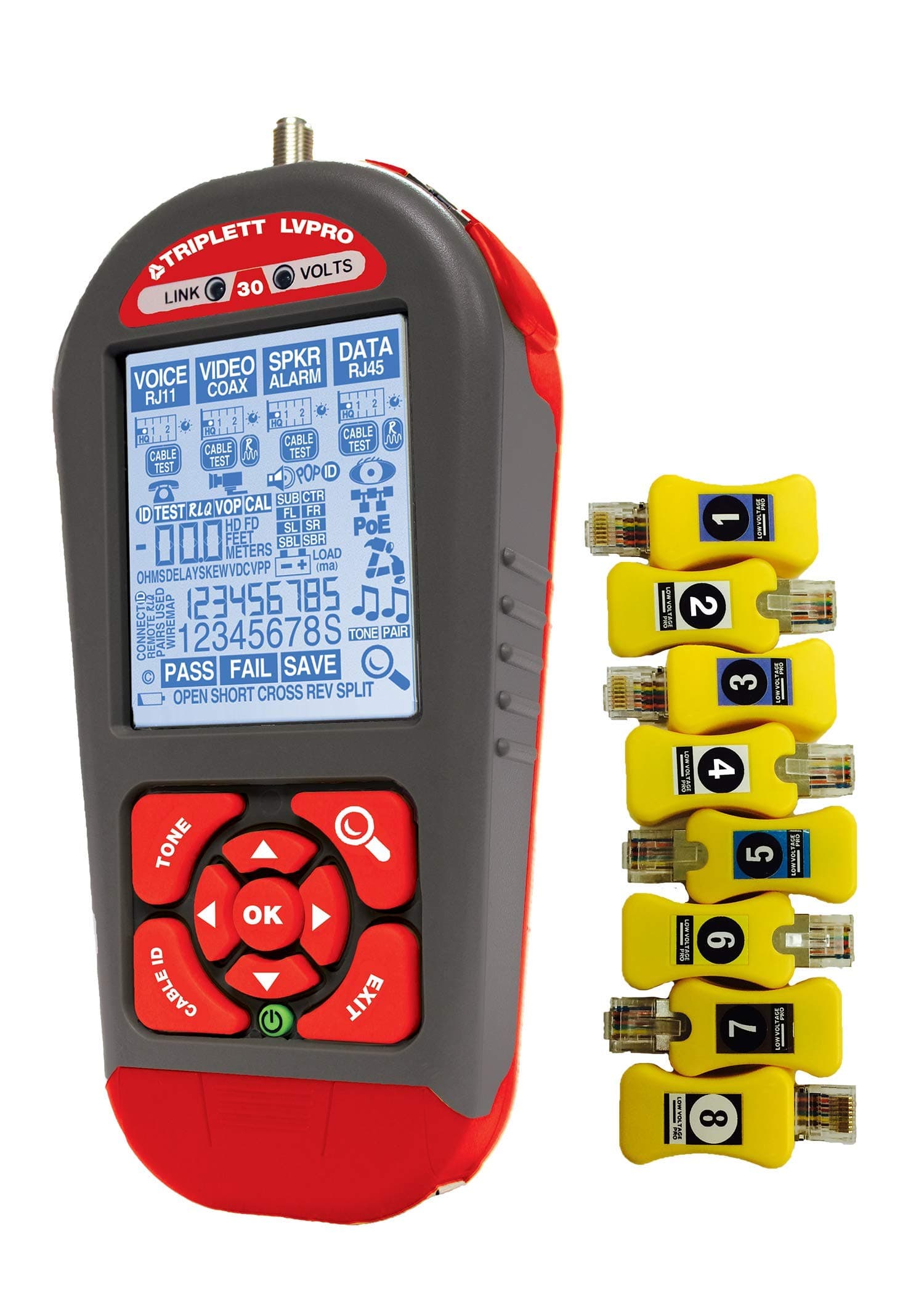 Triplett Low Voltage Pro 30SR Network Cable Tester/Verifier with 12 Tester Apps and 8 RJ45 Smart Remotes - COAX, CAT5/5e/6/6a/7, Shielded/Unshielded