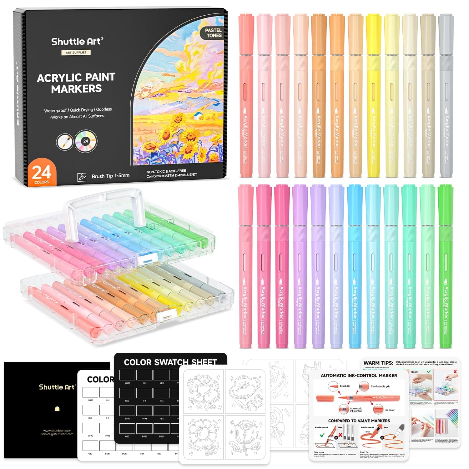 Shuttle Art Automatic Ink Control Acrylic Paint Pens, 24 Pastel Colours Brush Tip Paint Marker Pens, Paint Pen for Rock Painting Ceramic, Wood, Glass, Stone, Art Marker Pen Set for DIY Art Supplies