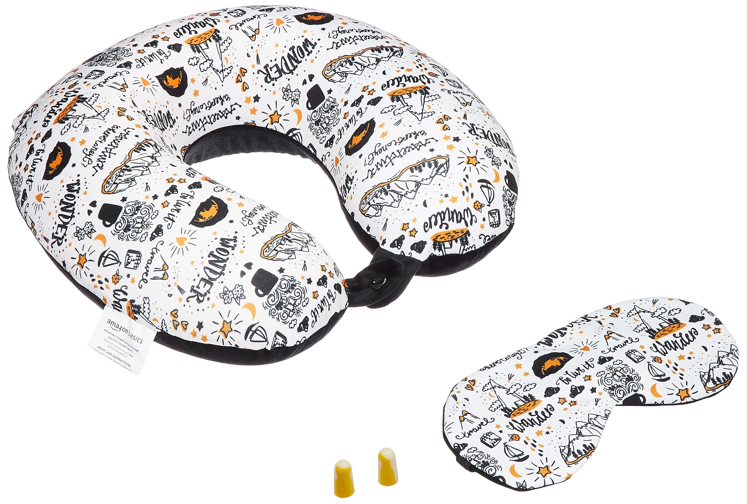 Amazon Basics 100% Memory Foam Travel Neck Pillow with Eye Mask and Ear Plugs Combo|Ergonomically Designed for Ultimate Comfort, Perfect for Air, Car, Train, Bus Travel- Travel Wonder, Standard Size