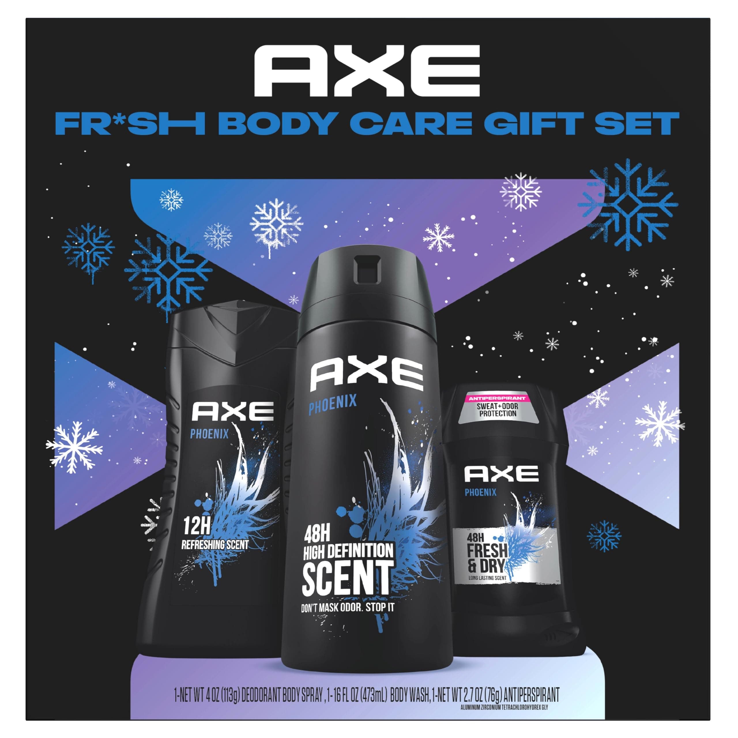Gift Set for Men, Phoenix Fresh Body Care Set – AXE Body Wash, AXE Body Spray + AXE Antiperspirant, 48H Odor & Sweat Protection, Crushed Mint & Rosemary Scent (3 Piece Set)
