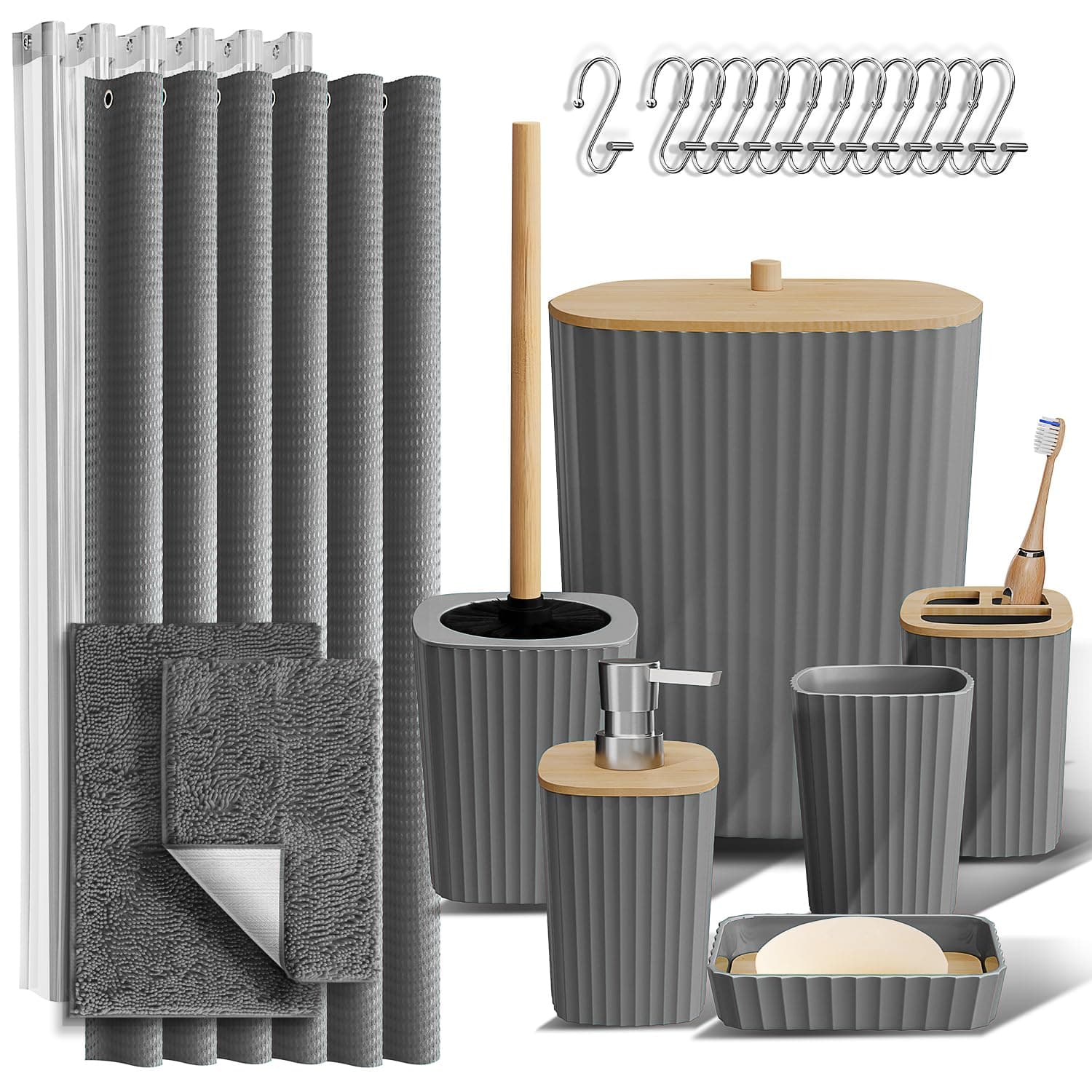 Clara Clark Bathroom Accessories Set - Bathroom Accessory Set with Shower Curtain Set, Toilet Brush, Trash Can & Soap Dispenser & Rugs (Grey, Complete Set + Bath Rugs)