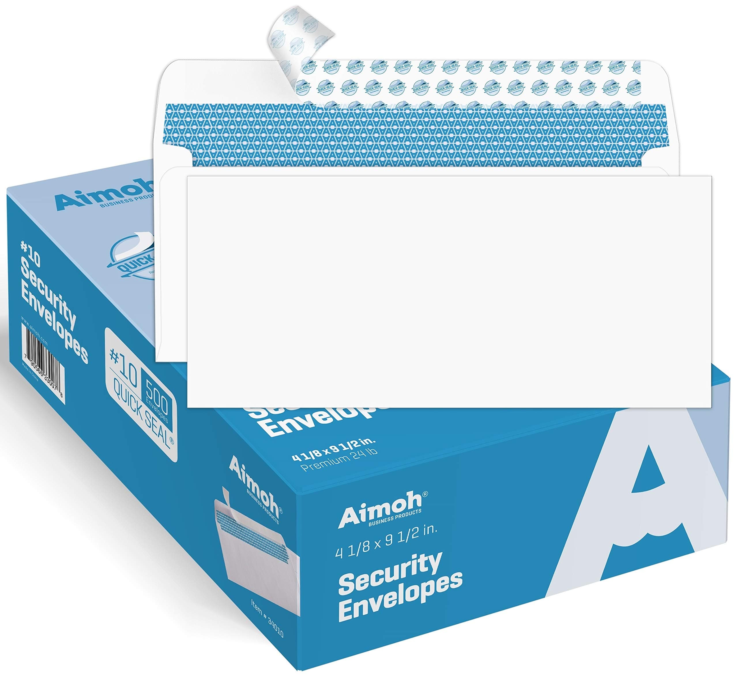 Aimoh #10 Security Self-Seal Envelopes - 1 Case - 5 Packs - 2500 Envelopes, Windowless, Security Tint Pattern, Quick-Seal Closure - EnveGuard - Size 4-1/8 x 9-1/2 Inches - White - 24 LB (34010-CS)