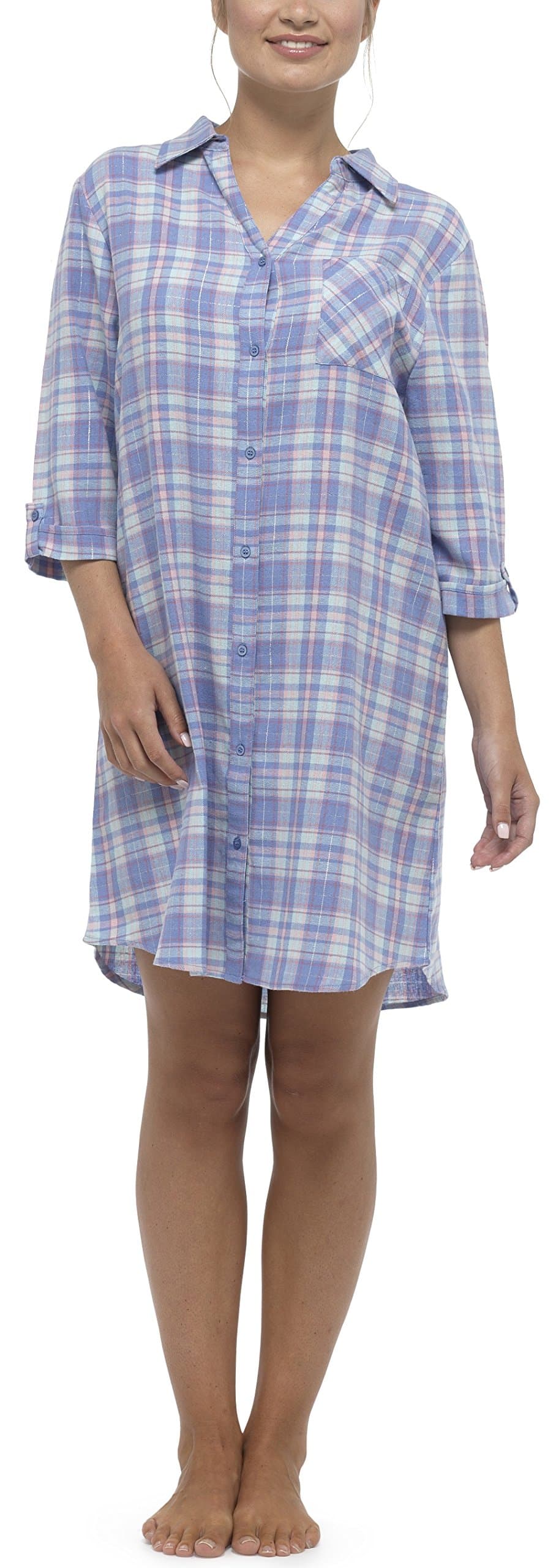 FoxburyLadies Brushed Cotton Button Front Check Nightshirt