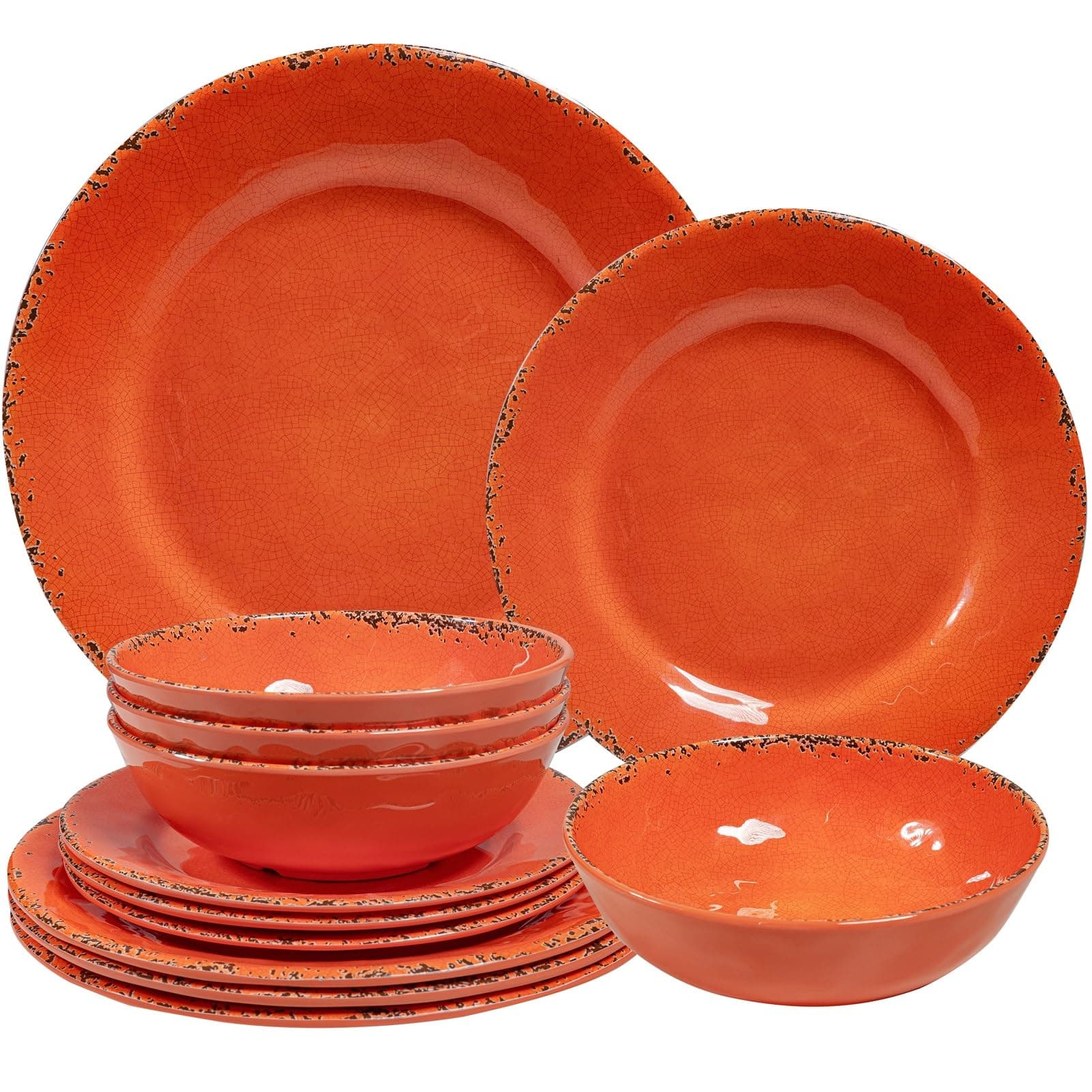 Rustic Melamine Dinnerware Sets, Farmhouse Dishes Set for 4, Lightweight 12 Piece Kitchen Plates and Bowls Set for Indoor and Outdoor Use, Dishwasher Safe, Orange