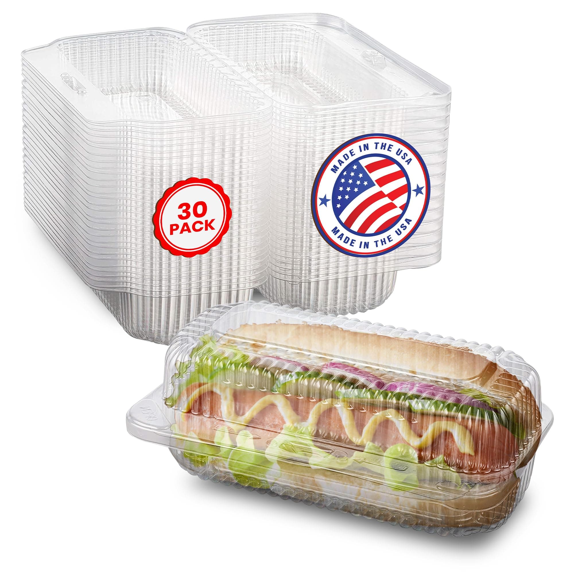MT Products Plastic Hot Dog Container - 6.5" x 2.75" x 2.6" - Take Out Containers with Hinged Lid for Salads, Desserts, Sandwiches, and Cookies (Pack of 30) - Made in USA
