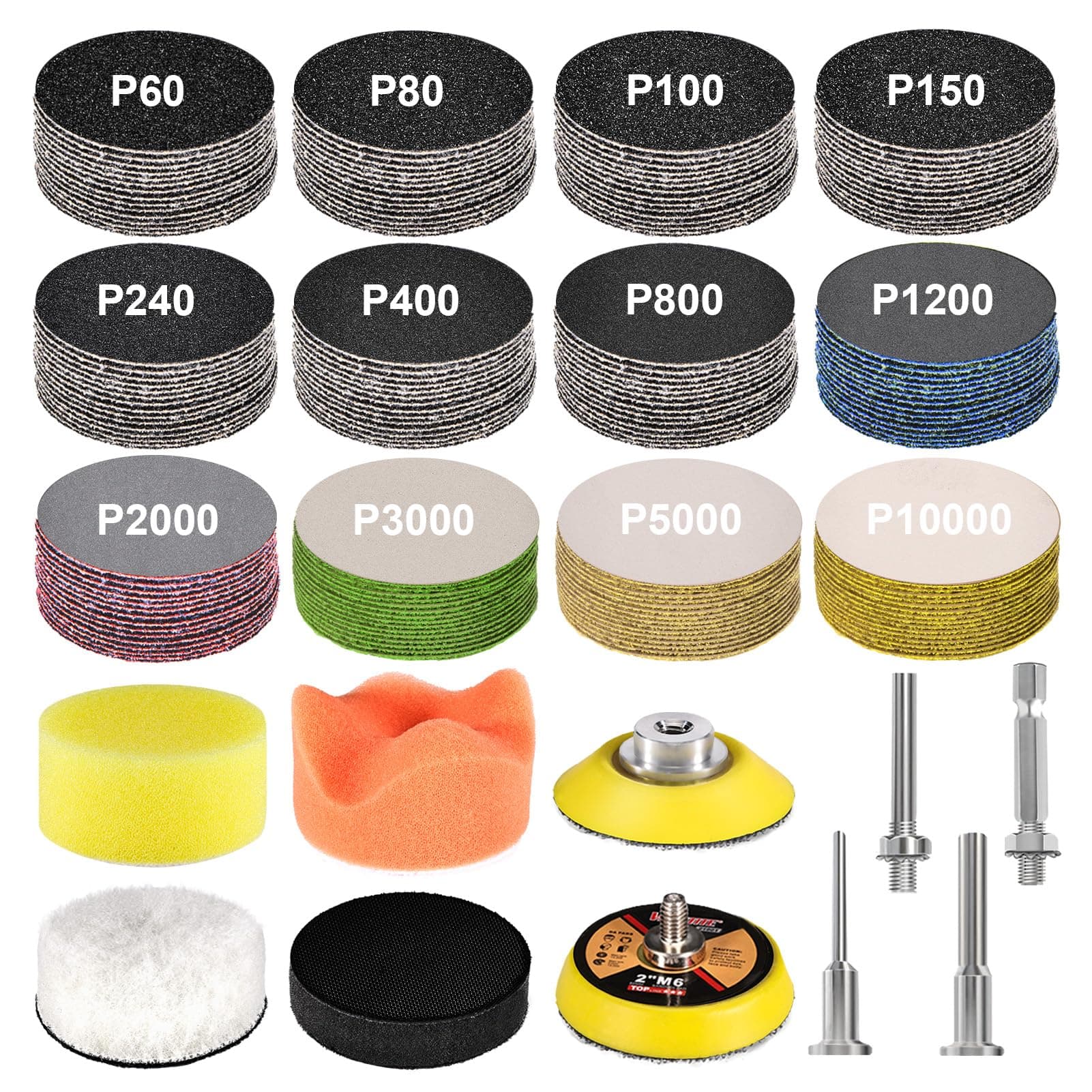 GOH DODD 186 Pieces 2 Inch Sanding Discs, Hook & Loop Sandpaper 60-10000 Grit, Aluminum Oxide, Wool, Foam Pads, Compatible with Die Grinder, Electric Drill, Air Drill, Gray