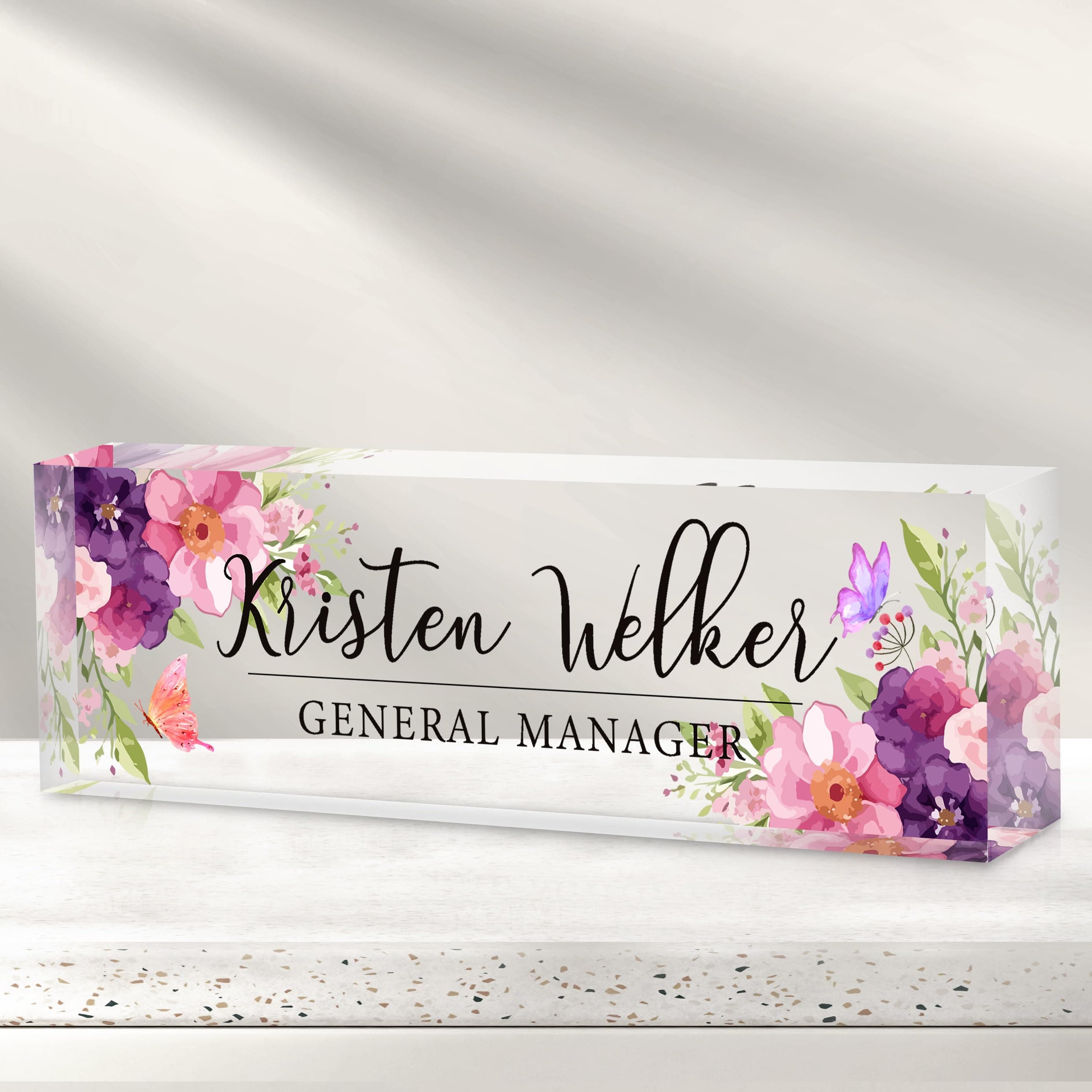 Personalized Name Plate for Desk - Custom Engraved Name Plates for Man - Boss Day Gifts for Boss - Acrylic Office Decor Appreciation Gifts for Teacher Nurse Coworker Social Worker (Bouquet)