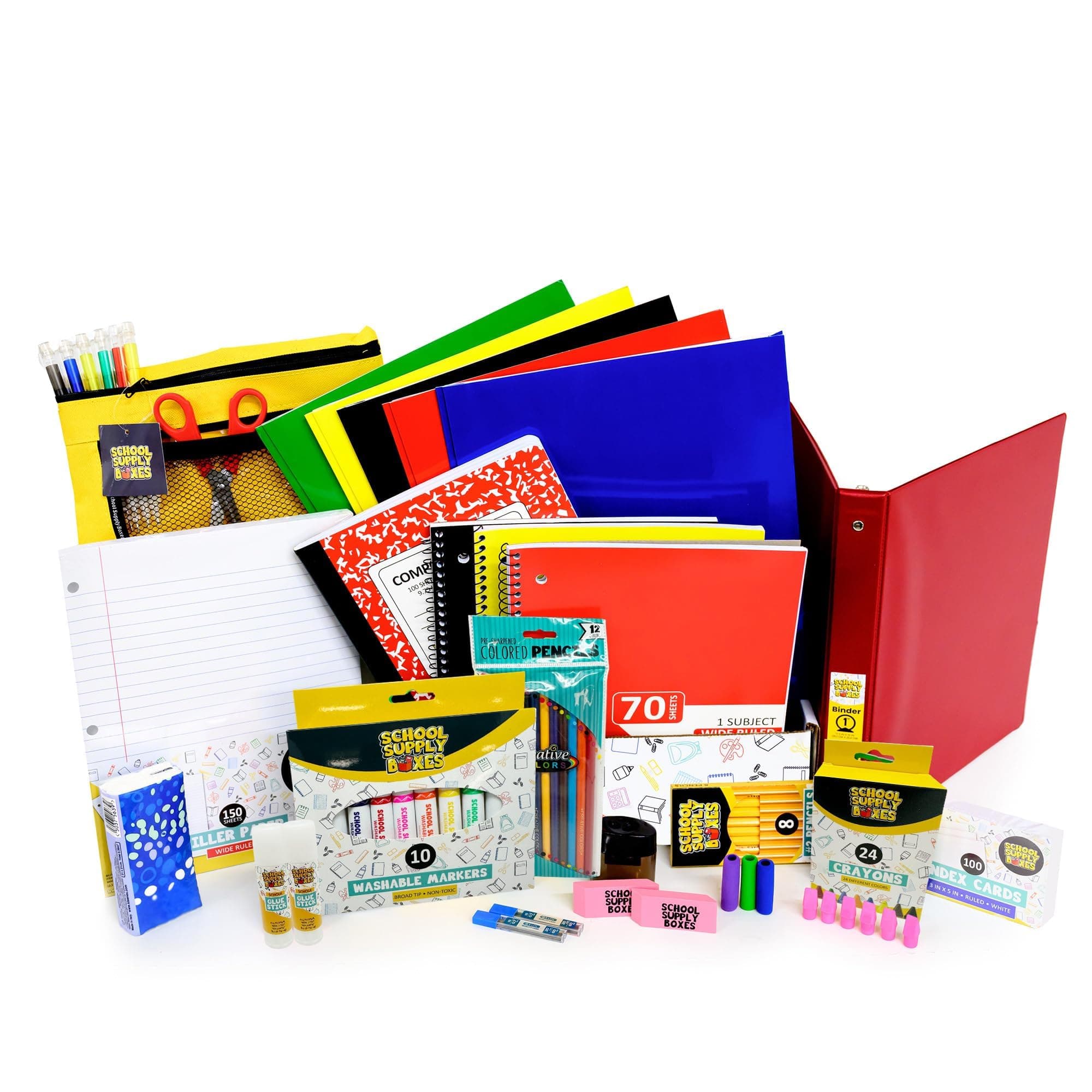 Elementary School Essentials Bundle | 1 Box - 91 Pieces per Box | School Supply Boxes - Back to School Essentials | Includes Binders, Folers, Notebooks, Filler Paper, Pencils, Notecards, Pens, & More