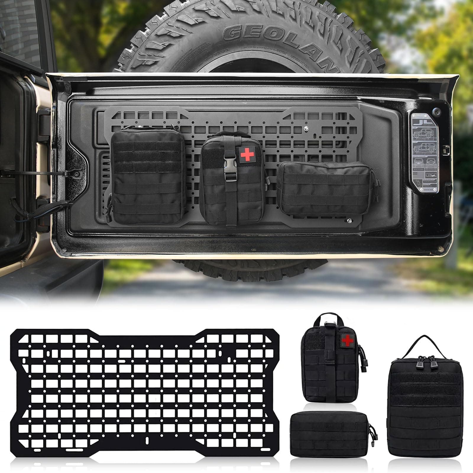 MAIKER Tailgate Molle Panel with 3 Moll Pouch Compatible with Jeep Wrangler 2007-2018 JK JKU & 2018-2024 JL JLU Aluminum Tailgate Tactical Panel Rear Door Cargo Organizer Kit