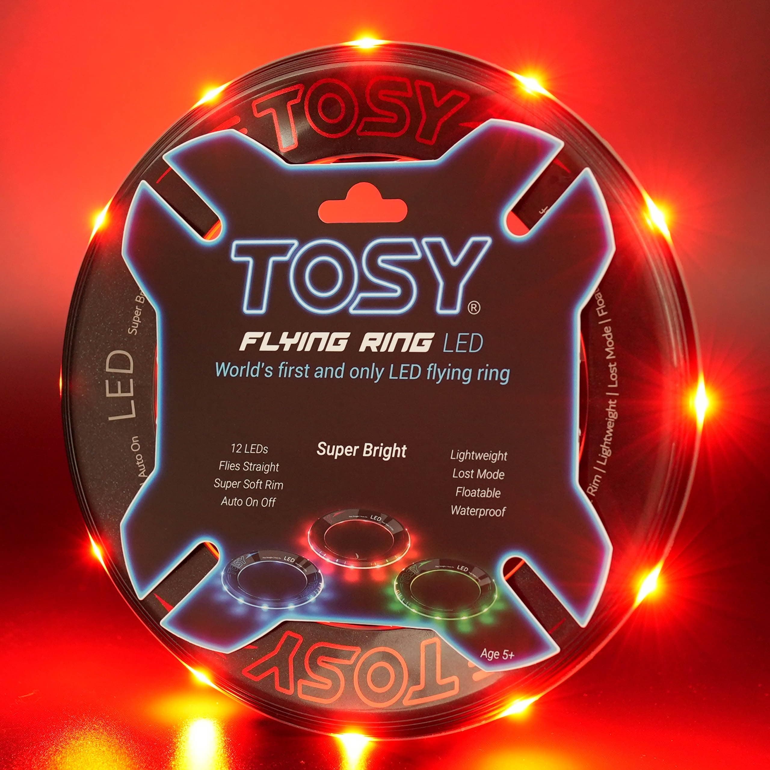 TOSY Flying Ring - 12 monocolor LEDs, Super Bright, Lost Mode, Auto Light Up, Easter Gift for Kid/Teen/Boy/Girl, Safe, Waterproof, Pool/Beach/Camping Toy (red)