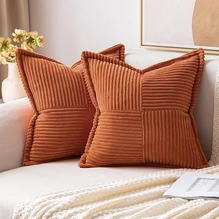 MIULEE Boho Decorative Pillow Covers for Couch Bed Sofa Farmhouse Home Decor 16x16 inch Set of 2 Rust Throw Pillow Broadside Soft Corduroy Pillowcase with Splicing Cushion Livingroom