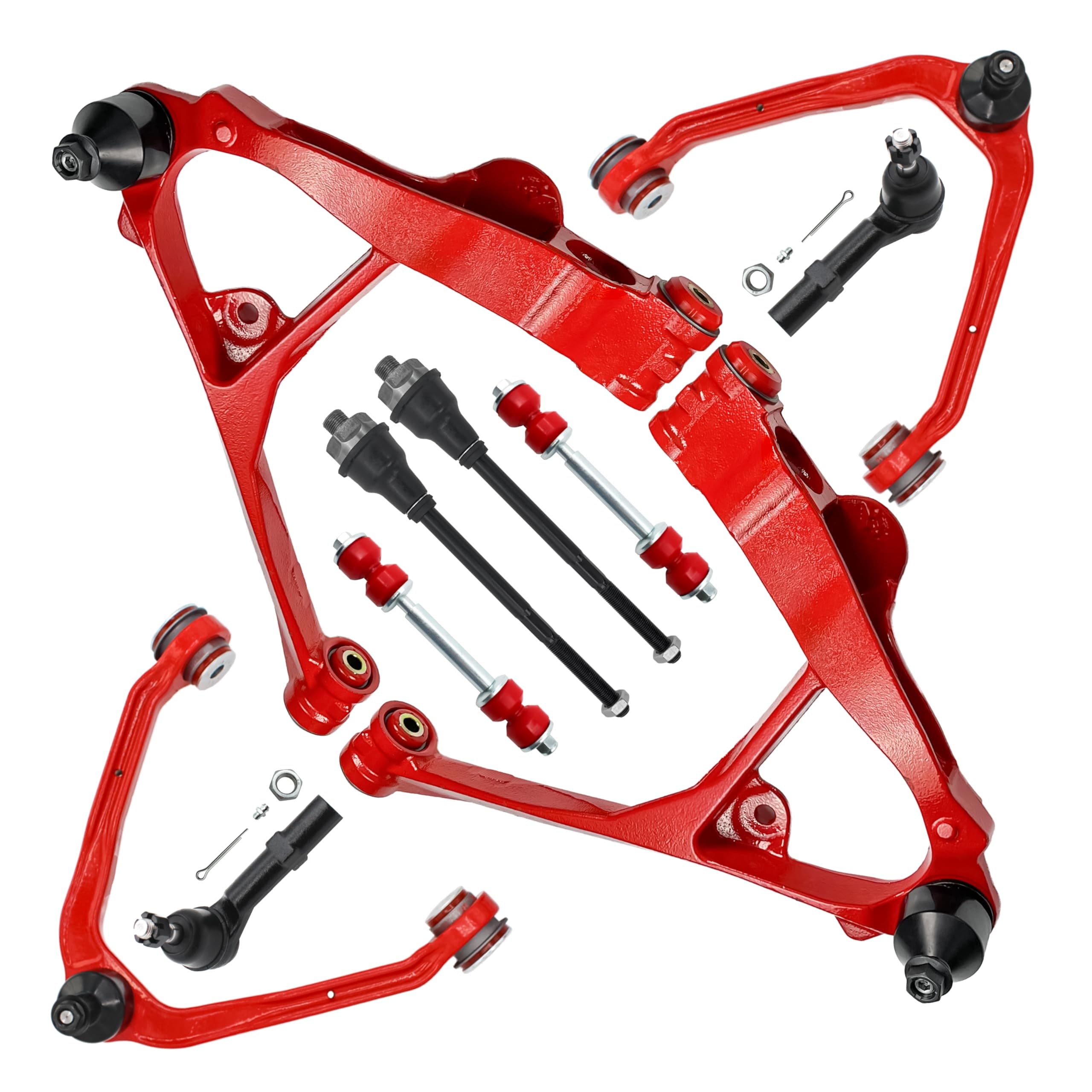 4WD AWD 10pc Front End Lower & Upper Control Arms Suspension Kit for Chevy GMC Silverado Sierra Avalanche Suburban Yukon XL 1500 Tahoe, 4 Control Arms w/Ball Joints 4 Tie Rods 2 Sway Bars