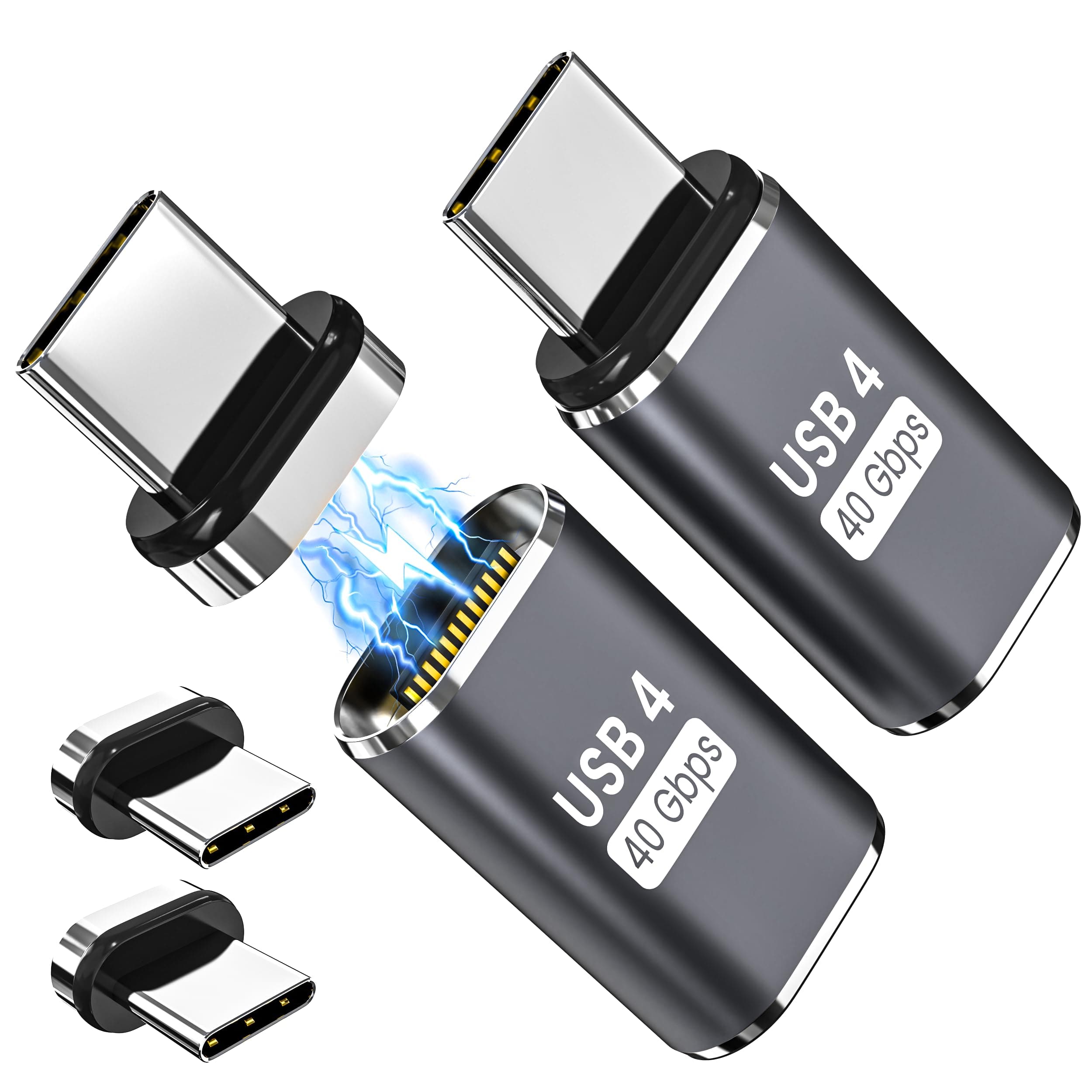 Magnetic USB C Adapter Extender (2 Pack) W/ 4 Connector Tips Straight 240w USB4 40Gbps 8K 60Hz for Thunderbolt 3/4, MacBook Pro/Air