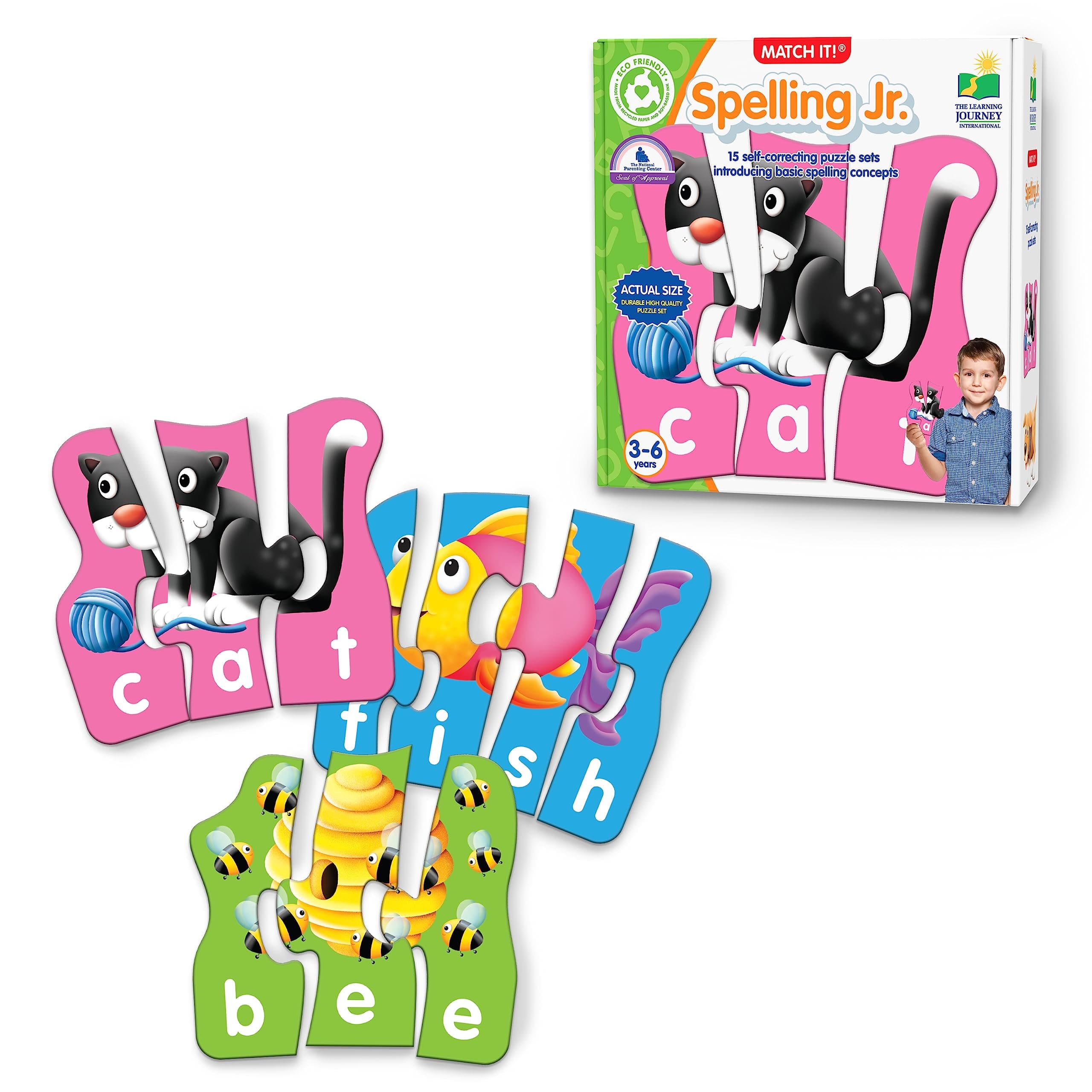The Learning Journey - Match It! Spelling Jr. - 15 Piece Self-Correcting Spelling Puzzle for Three and Four Letter Words with Matching Images - Word Puzzles for Kids Ages 3-5 - Award Winning Toys