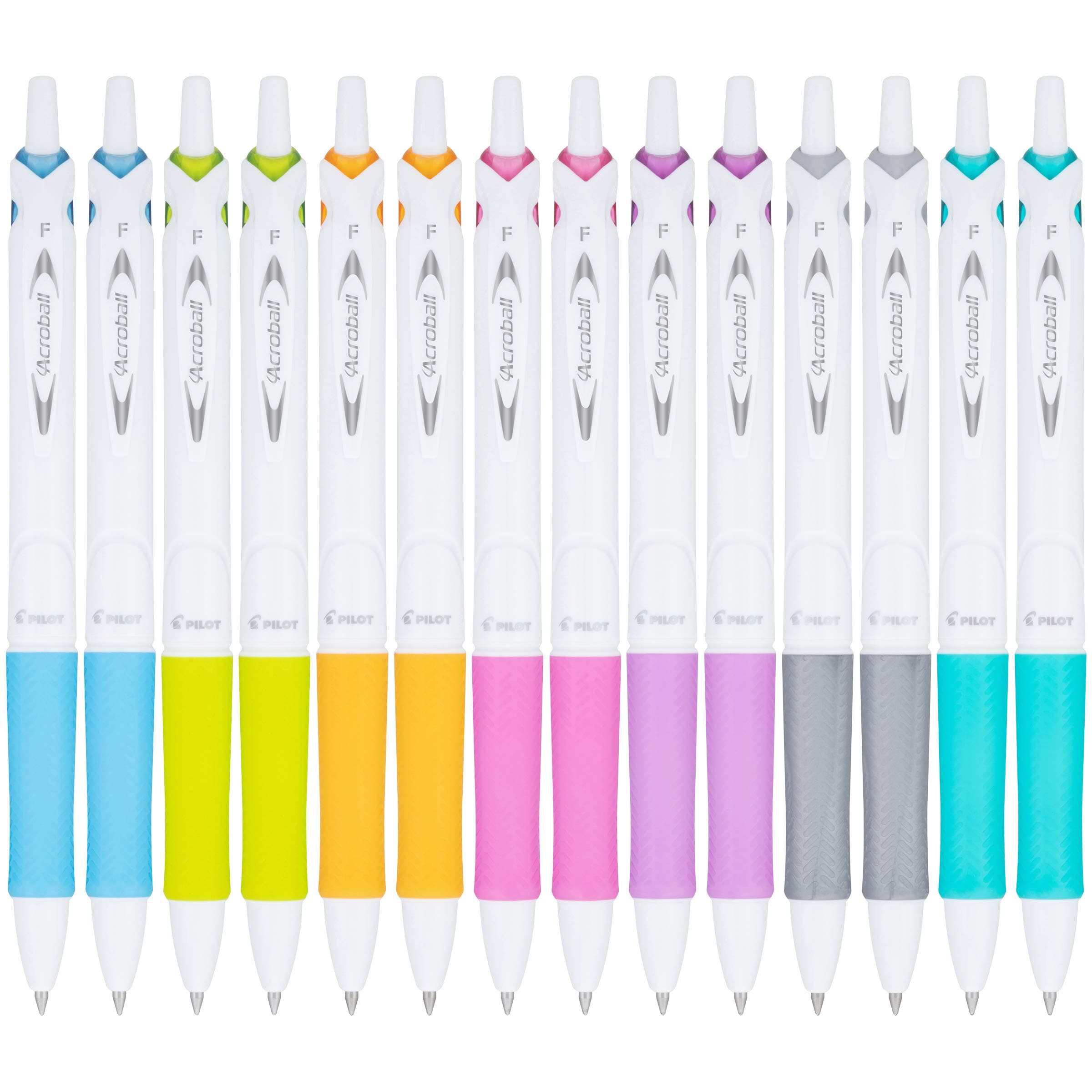 PILOT Acro Balls, Pure White, Advanced Ink, Refillable & Retractable Ballpoint Pens, Assorted Accents, Fine Point, Black Ink, 14 Pack (14691)