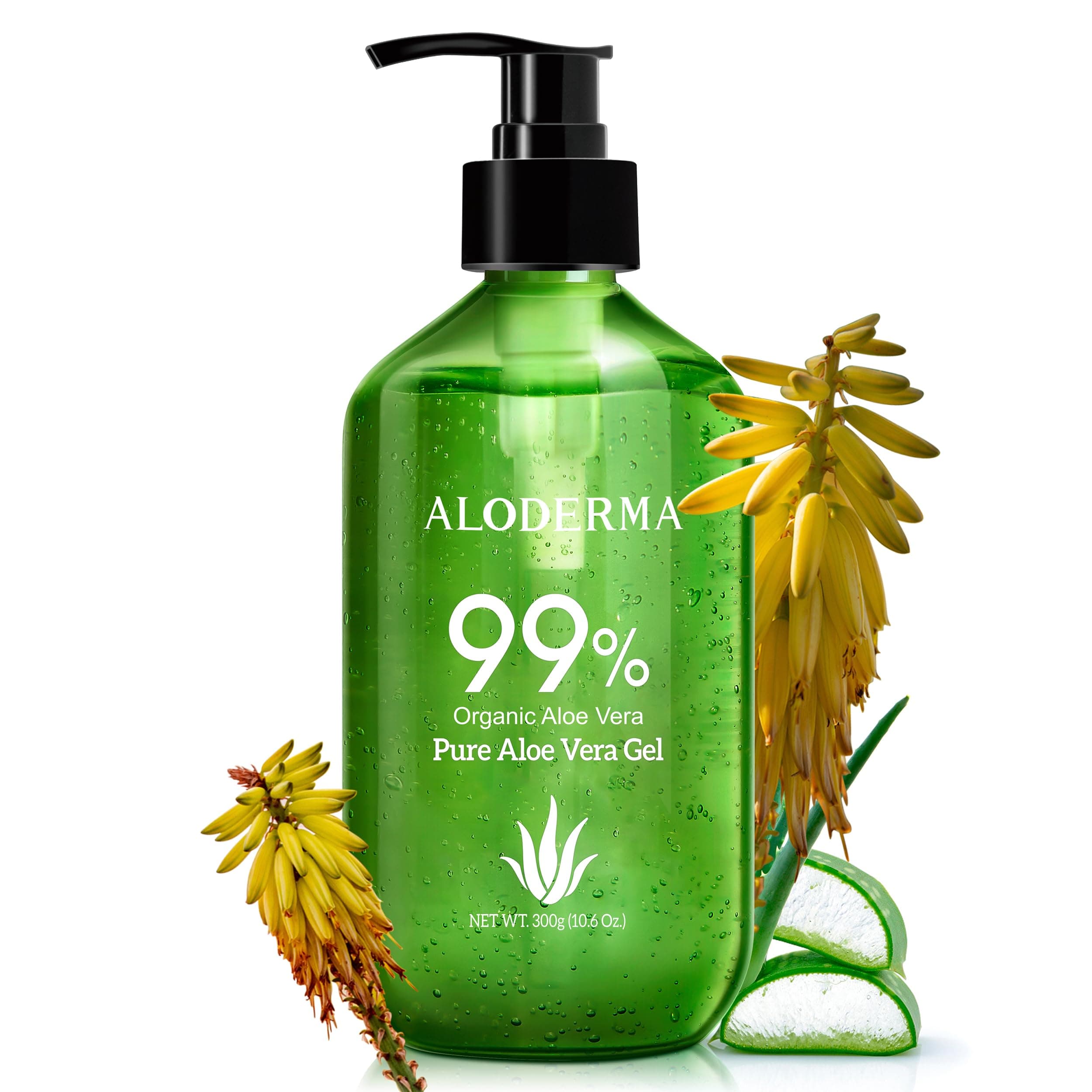Aloderma 99% Organic Aloe Vera Gel Made within 12 Hours of Harvest - Lightweight, Non-Sticky Aloe Gel for Face Body, Hair, & Scalp, After Sun Relief, Natural, Soothing Hydrating Aloe, 10.6oz