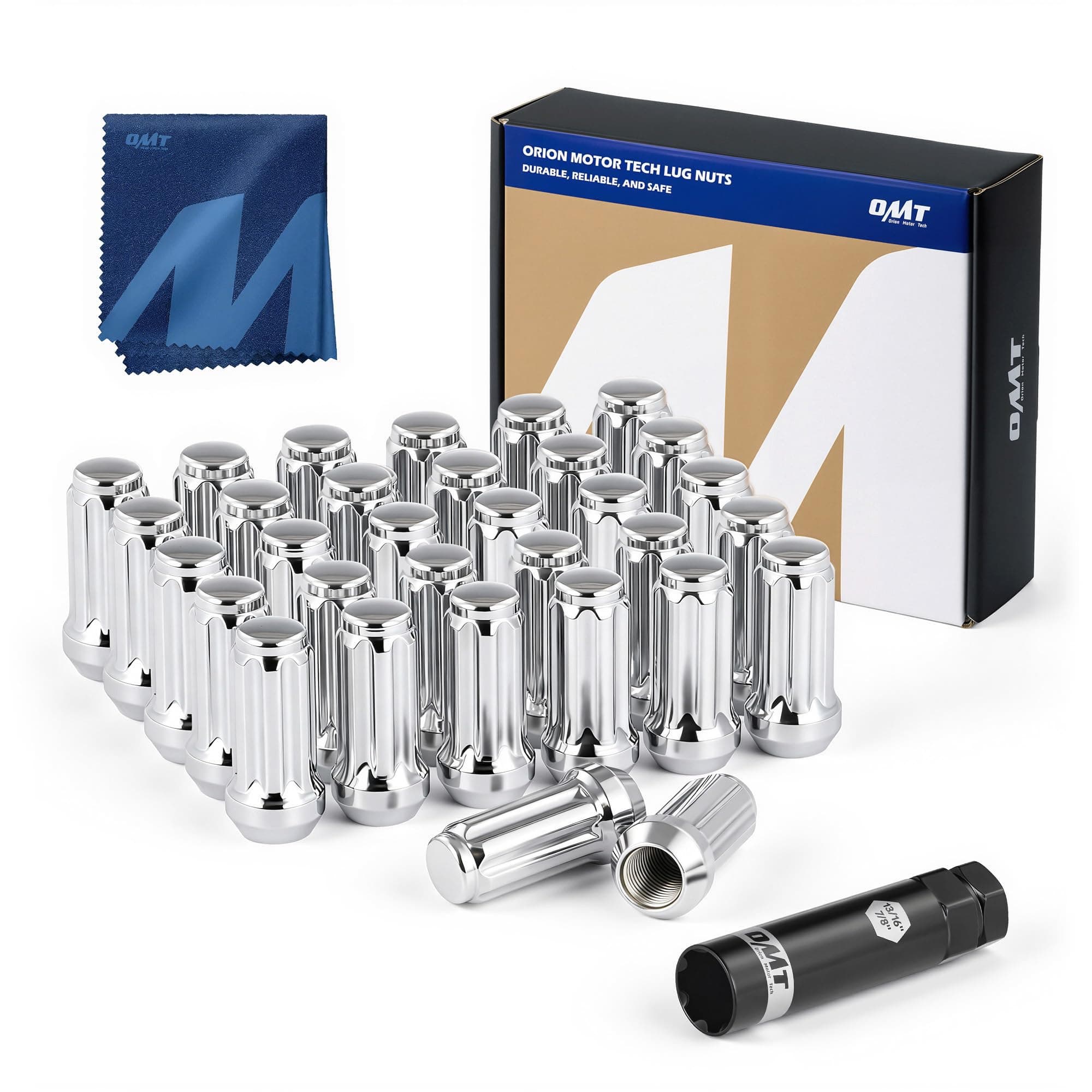 Orion Motor Tech M14x1.5 Wheel Lug Nuts 32 Pack, Chrome Lug Nuts 2 inches Tall Spline Drive Cone Seat with Socket Compatible with Ford F250 F350 Super Duty, Chevy Silverado 1500 2500HD and GMC Sierra