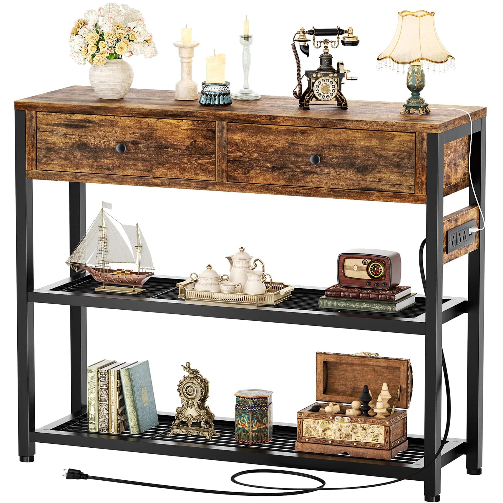 Entryway Table with Outlets and USB Ports, Console Table with 2 Drawers, Small Sofa Table with Storage Shelves for Living Room, Couch, Hallway, Foyer, Kitchen Counter, 32'', Rustic