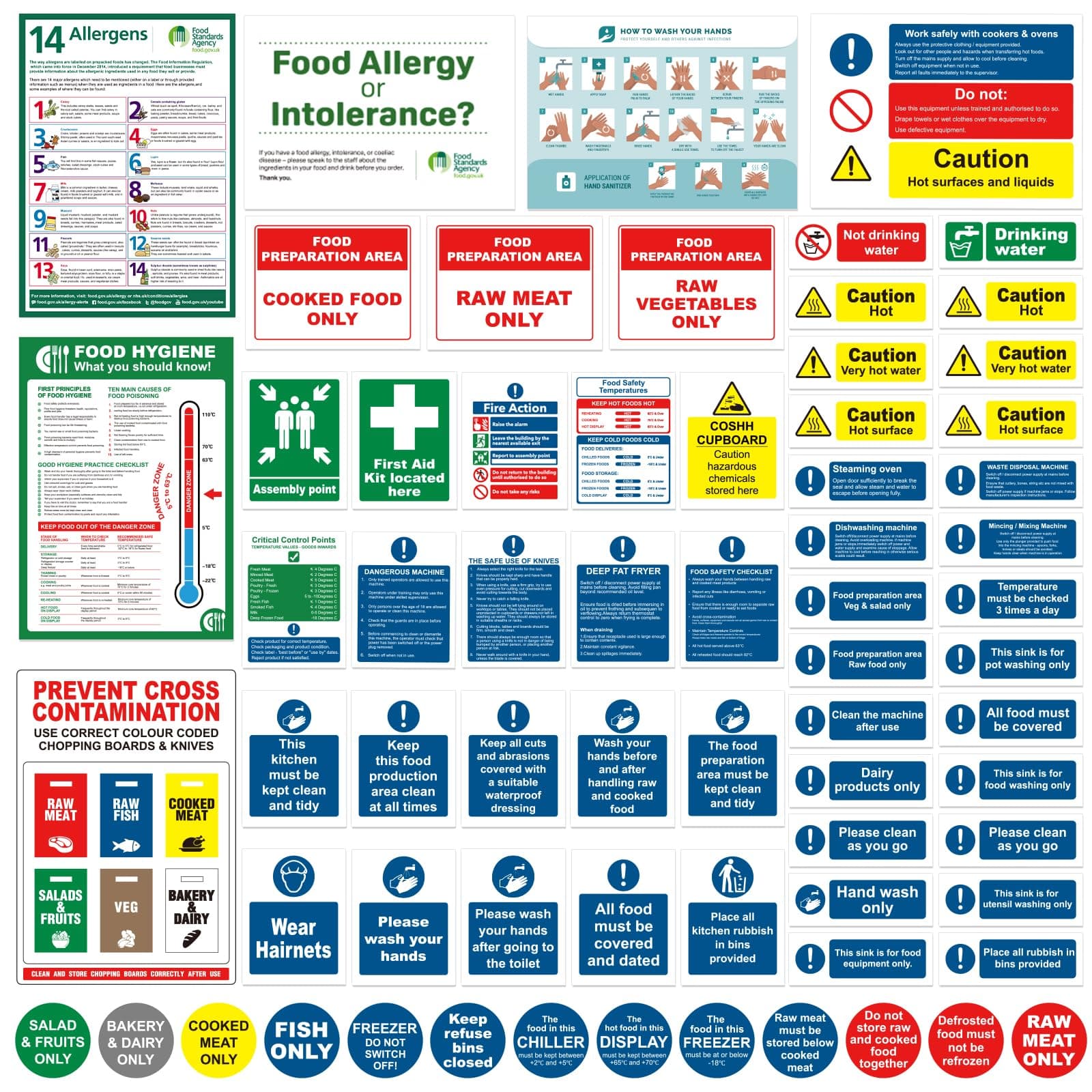 Complete Kitchen Safety Signs Set - 68 Pcs - Matte Self-Adhesive Vinyl, Waterproof and Oil-Proof - Food Hygiene Stickers, Ensure Safety and Compliance in Commercial Kitchens